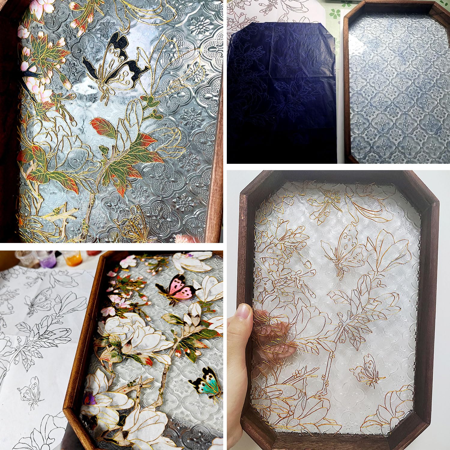 Kit de peinture émaillée cloisonnée motif papillons et fleurs plateau en verre émaillé décoration d'intérieur patrimoine culturel immatériel chinois