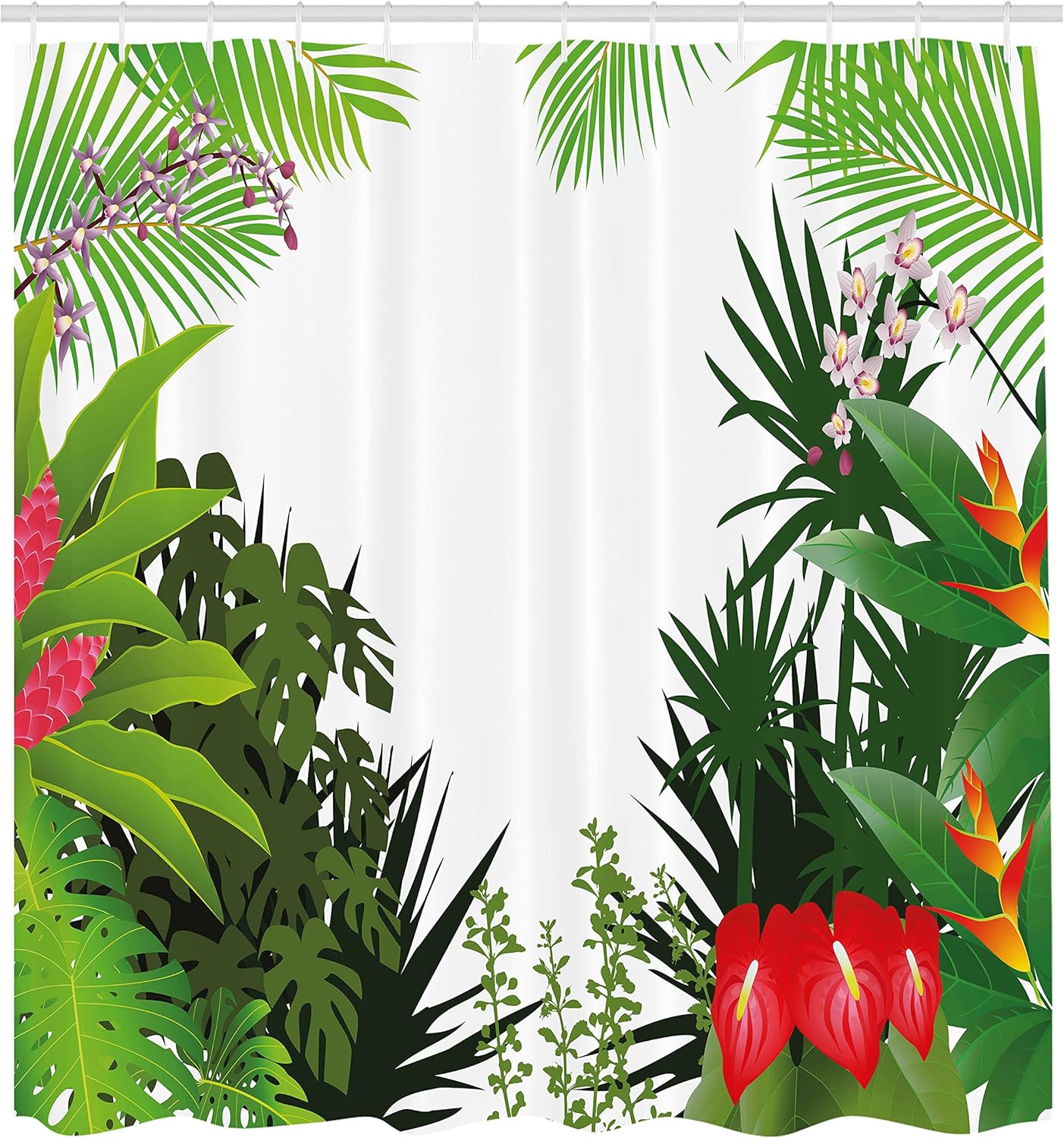 Ambesonne Leaf Shower Curtain, Hibiscus Plumeria Crepe Gingers Anthurium Leaves Blossoms Image, Cloth Fabric Bathroom Decor Set with Hooks, 69" W x 84" L, Hot Pink White