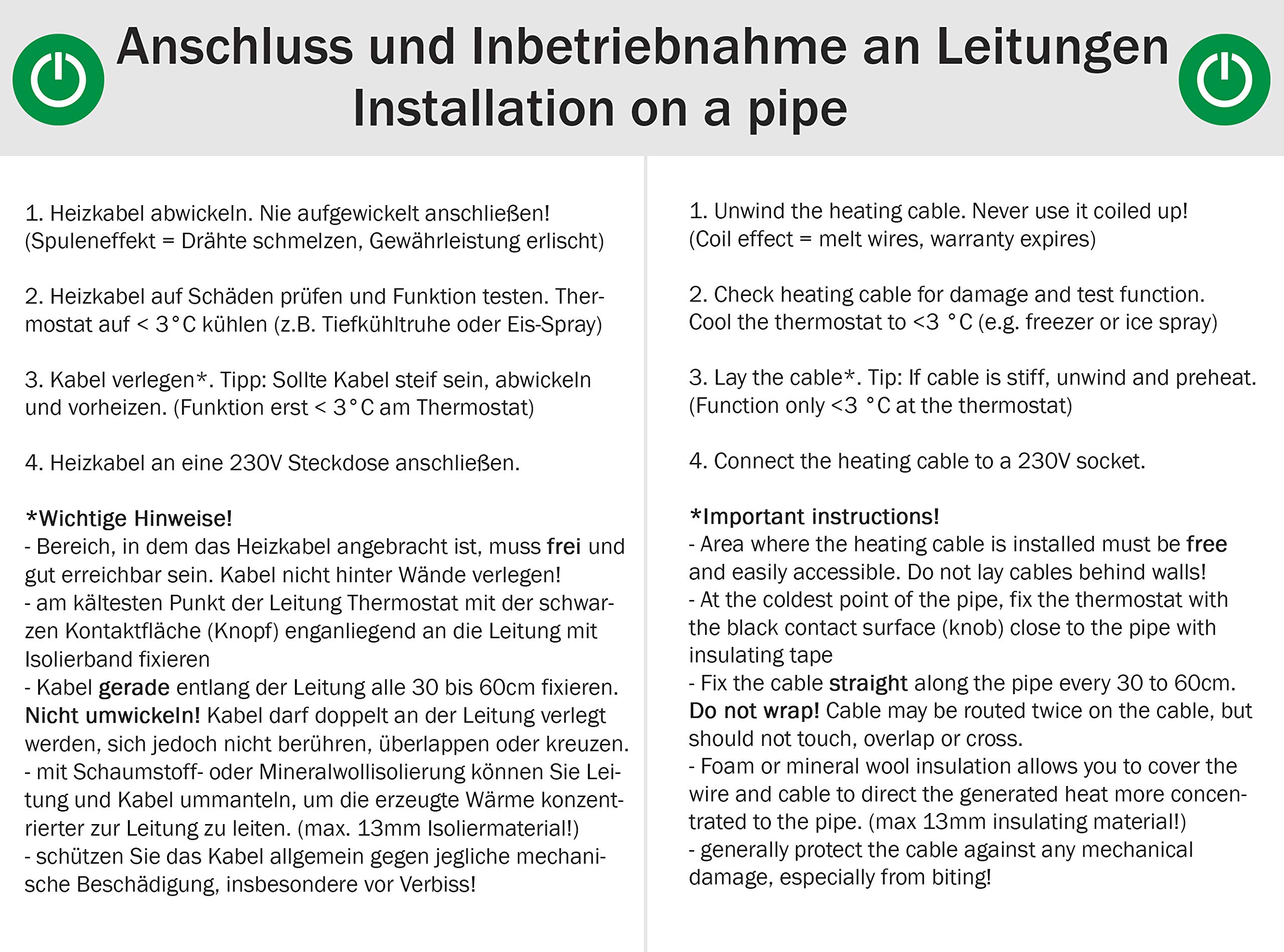 Frostschutz Heizkabel mit Knopf-Thermostat, Pflanzen-Heizung, 8m, 128 Watt, 230V, wasserdichte Heizleitung für Rohre und Pflanzen, Rohrbegleitheizung