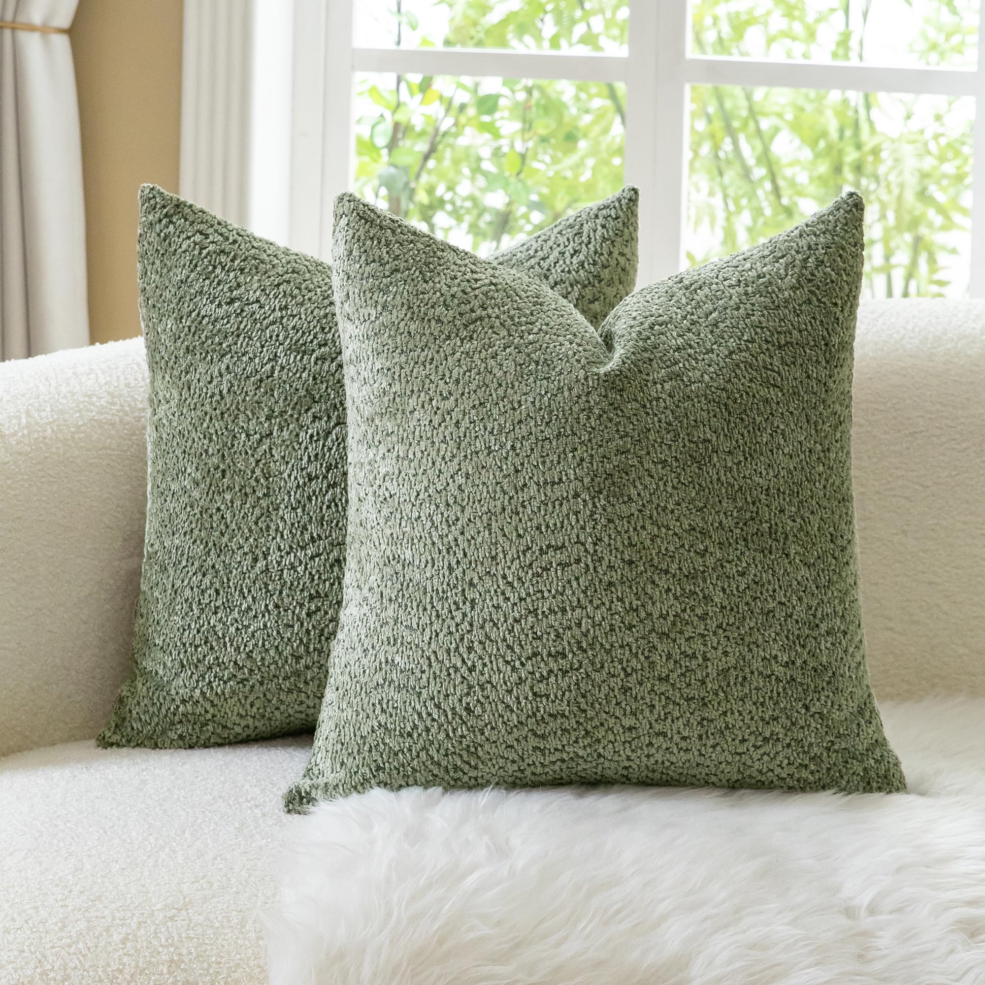 Neelvin Set of 2 Decorative Chenille Cushion Covers 22x22 Inch (55x55cm), Boucle Textured Soft Cozy Throw Pillow Covers for Couch, Living Room Sofa Bedroom Green