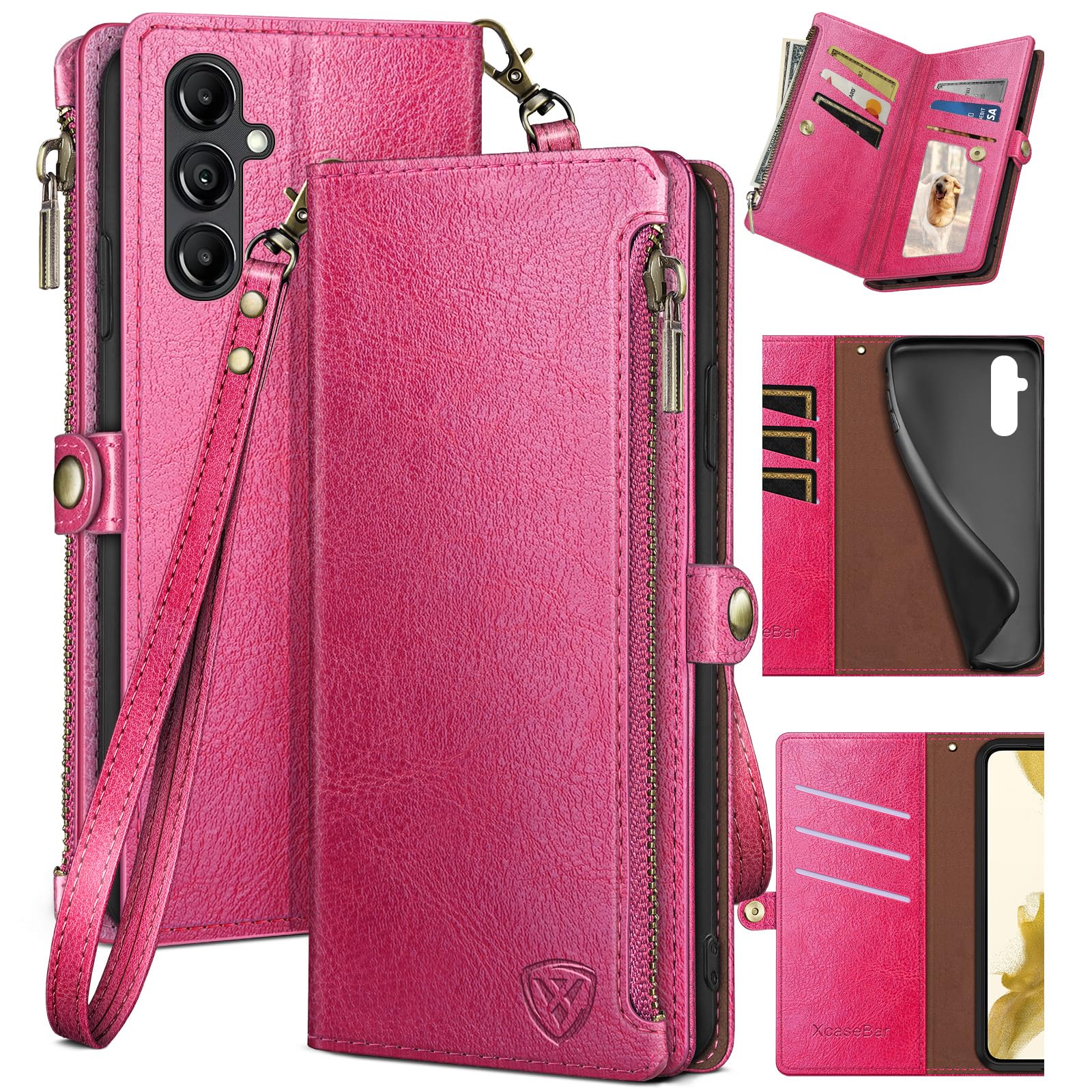 XcaseBar for Samsung Galaxy A14 5G Wallet case with Zipper Credit Card Holder ?RFID Blocking?, Flip Folio Book PU Leather Phone case Shockproof Cover Women Men for Samsung A14 case Rose Red