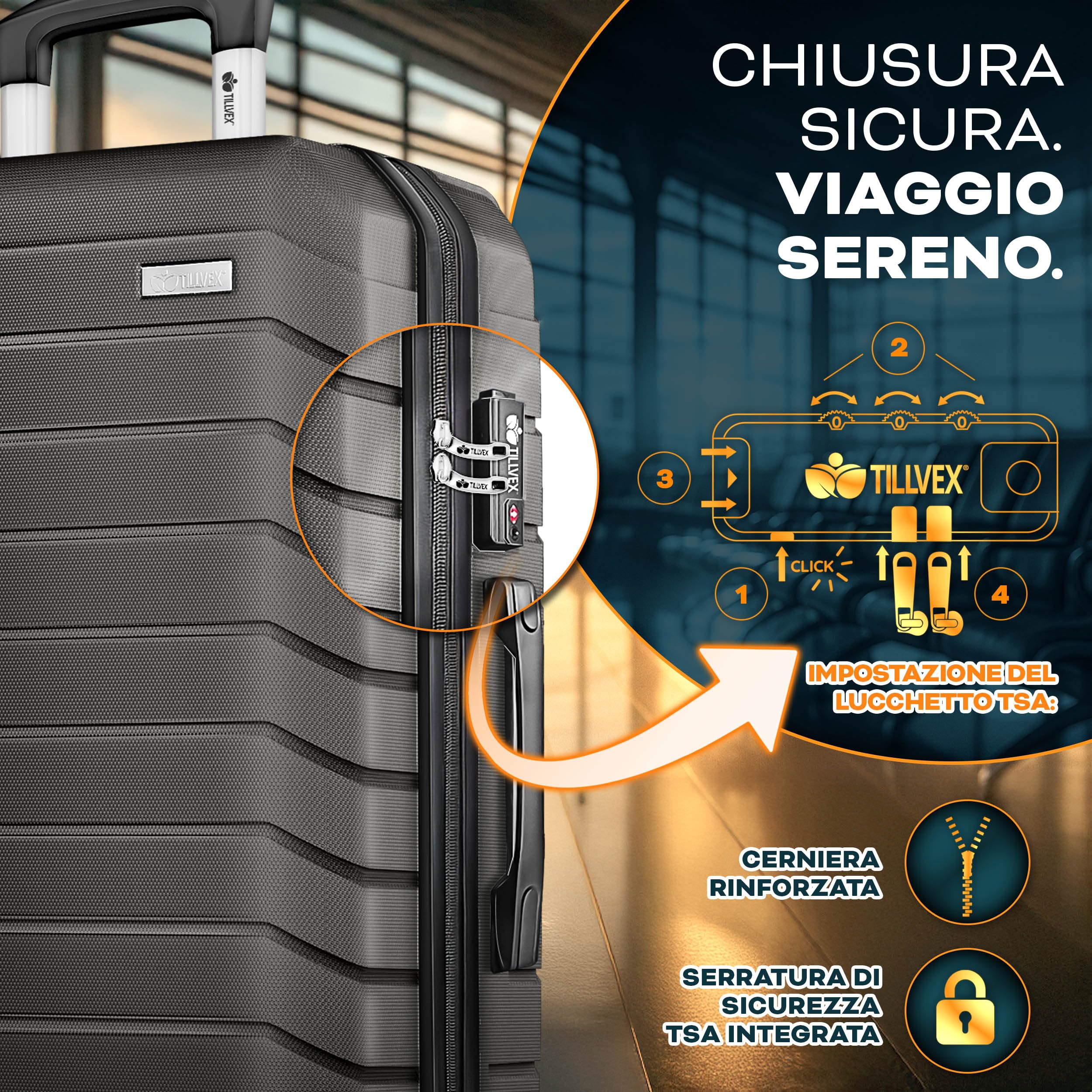 tillvex® Set 4 valigie rigide S-M-L-XL + bilancia, 4 cinghie e 4 etichette bagagli | Valigia da viaggio leggera con 4 ruote piroettanti | Guscio rigido in ABS con lucchetto TSA (Grigio/Antracite)