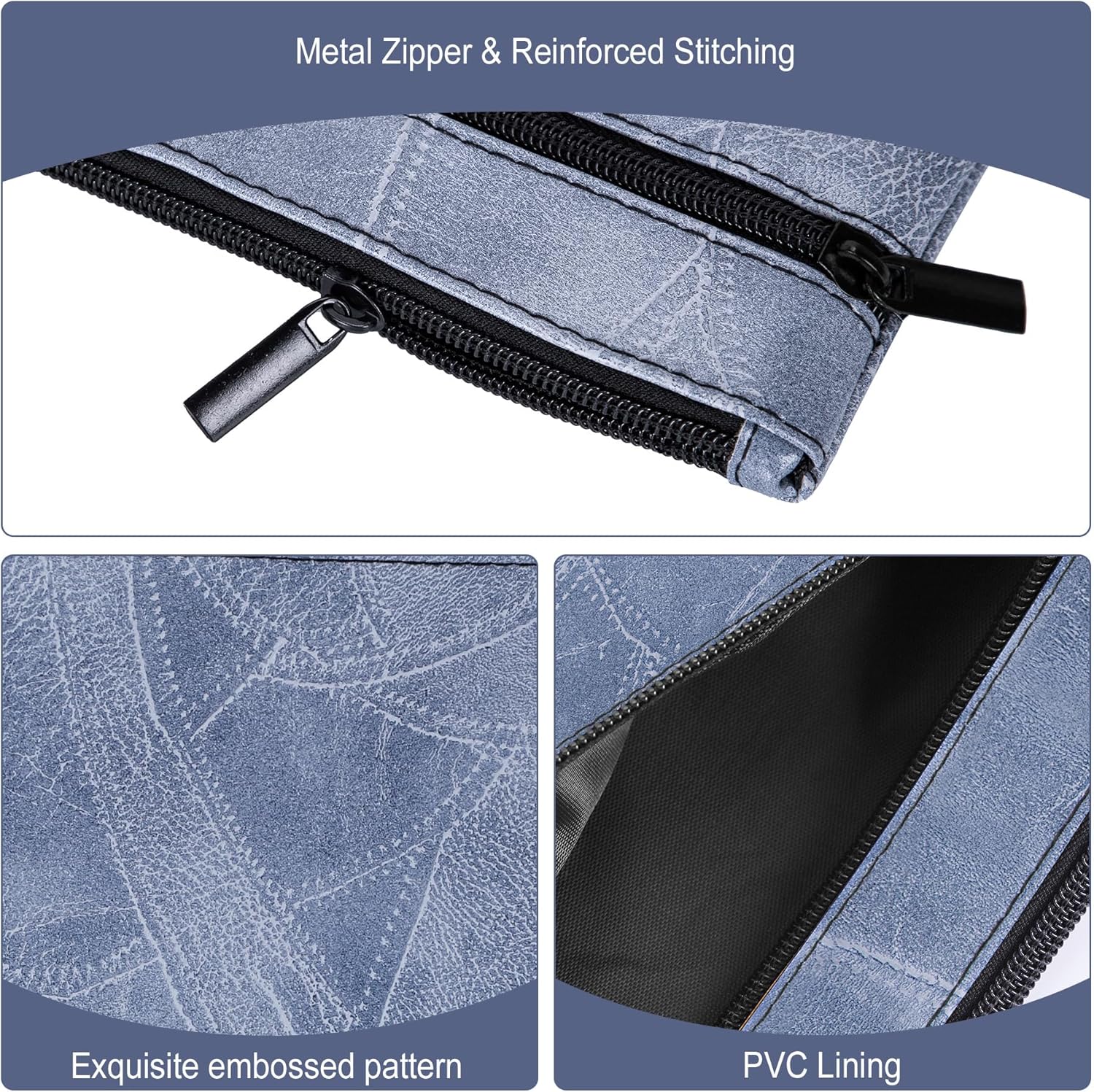 HAUTOCO 2 Pcs Money Bag with Zipper 11 x 6.1 inch Embossed Deposit Money Pouch with Lined PU Leather Bank Bag Two Pockets Utility Wallet for Cash Check Receipt Coins Cosmetics, Pale Blue - Image 3