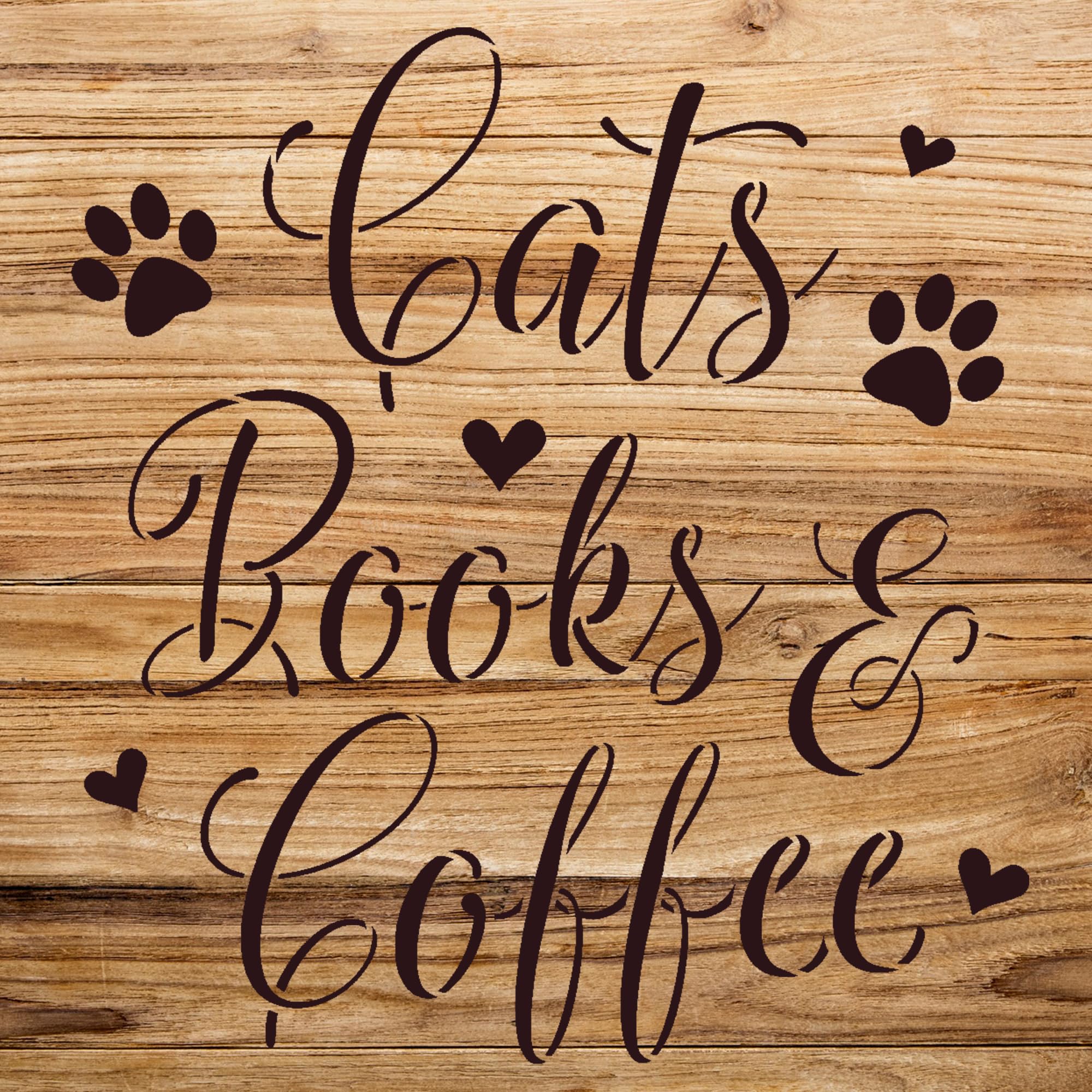Cats Books Coffee Stencil Pattern for Walls and Crafts, Reusable Mylar Template with paw Prints and Hearts, Ideal for pet Lovers Home Decor and DIY Projects - Size A1 (23.4