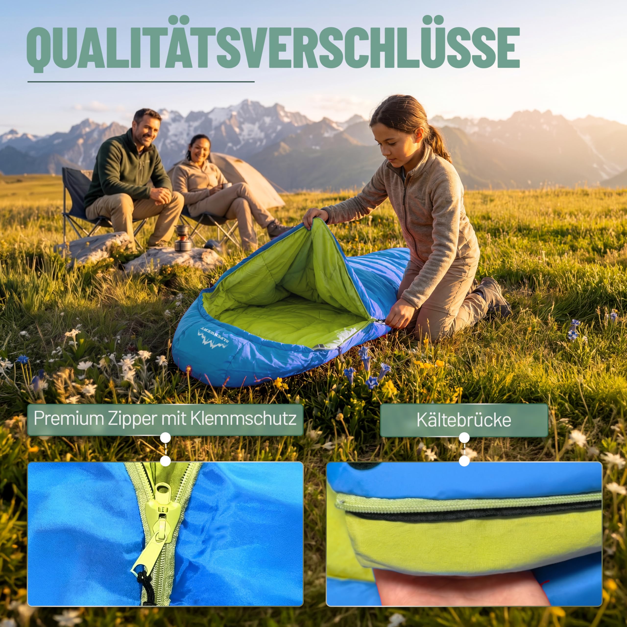 ALPENWERT® Kinderschlafsack Sommer – wächst mit! [130–170 cm] – Nur 920g, Kompakt [32×19 cm] – Perfekt für Camping, Festival, Outdoor – Mumienschlafsack ab 6 Jahren