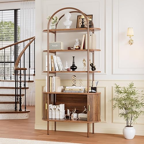 Miniatura 7 de Soporte alto para tocadiscos de vinilo, estantería arqueada de 4 niveles con puertas corredizas, gabinete de almacenamiento de discos retro, estante