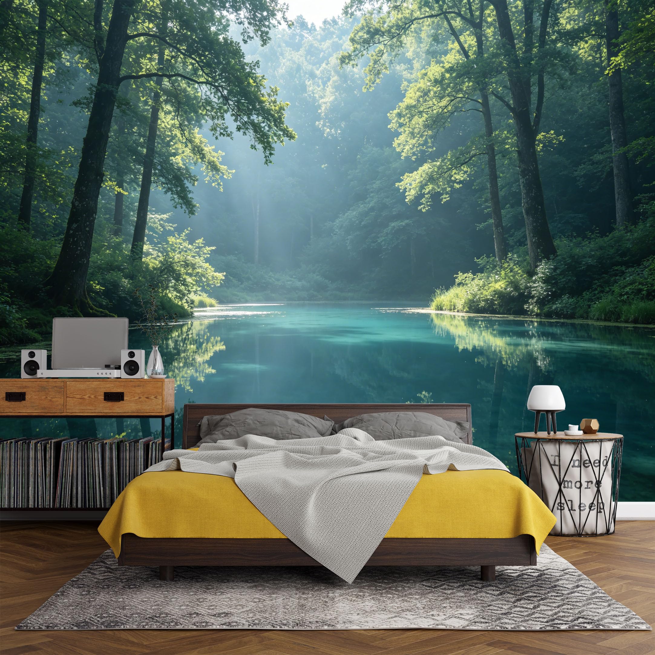 Custom Size Wall Mural， Forest Lake Morning Mist Landscape Nature Scenic View，SelfAdhesive Art Prints wall Fabric (No PVC) Removable Wallpaper Living Room Decor