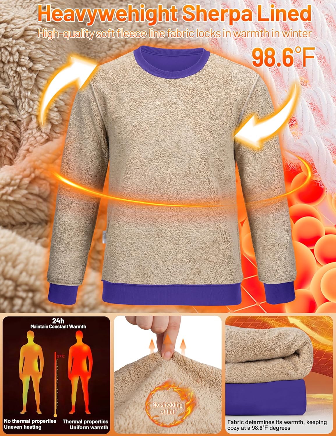 TACVASEN Men's Crewneck Sweatshirt Warm Sherpa Lined Thermal Sweatshirts Heavyweight Long Sleeve Winter Fleece Pullover Shirt - Image 2