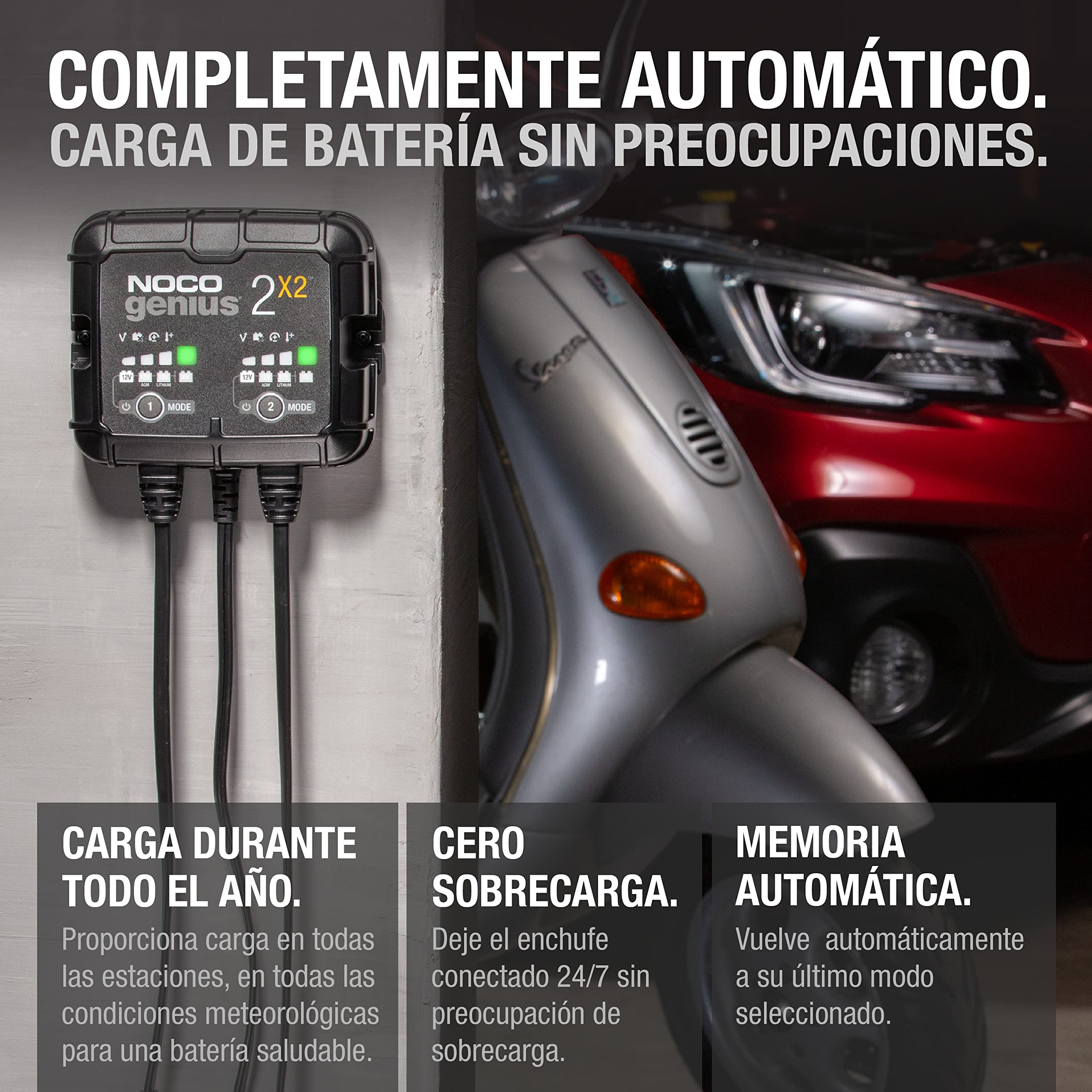 NOCO GENIUS2X2: Cargador Inteligente de baterías 4A con 2 Bancos (2A/Banco) – Mantenedor automático y desulfatador 6V/12V – Protección contra sobrecarga – para baterías de Plomo y Litio