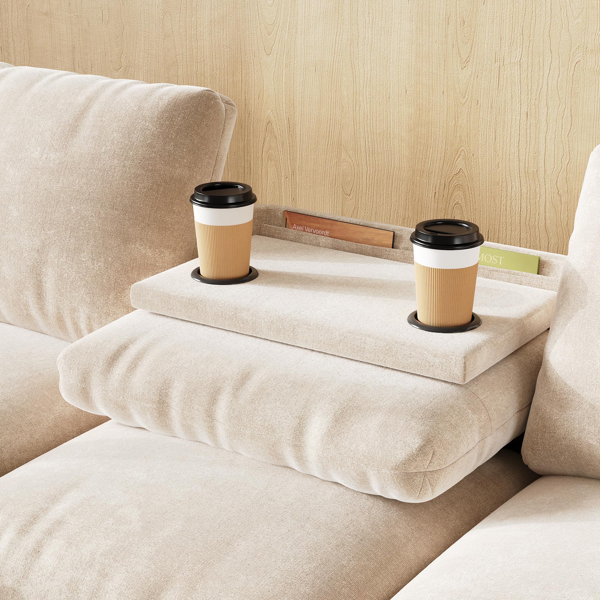Kanapa szenilowa, narożnik w kształcie litery L i dwa podłokietniki z miejscem do przechowywania. Rozkładany stolik kawowy z dwoma uchwytami na napoje, 1 USB i 1 część w kształcie litery C może być