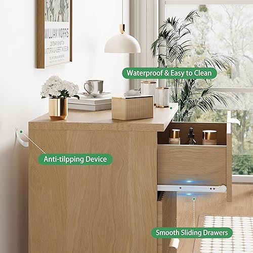 Miniatura 5 de Mesita de noche acanalada, mesa auxiliar de 24 pulgadas de ancho con 3 cajones de almacenamiento grandes, mesita de noche de madera moderna de