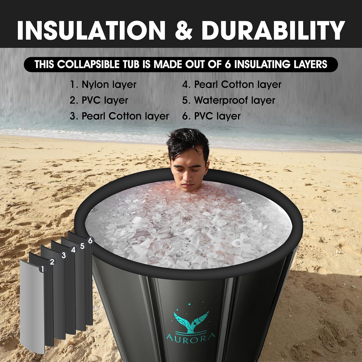 Aurora XL Ice Bath - Up to 6'7, Heavy Duty, Inflatable, Portable, Black, Cold Plunge Tub with Thermometer & Timer