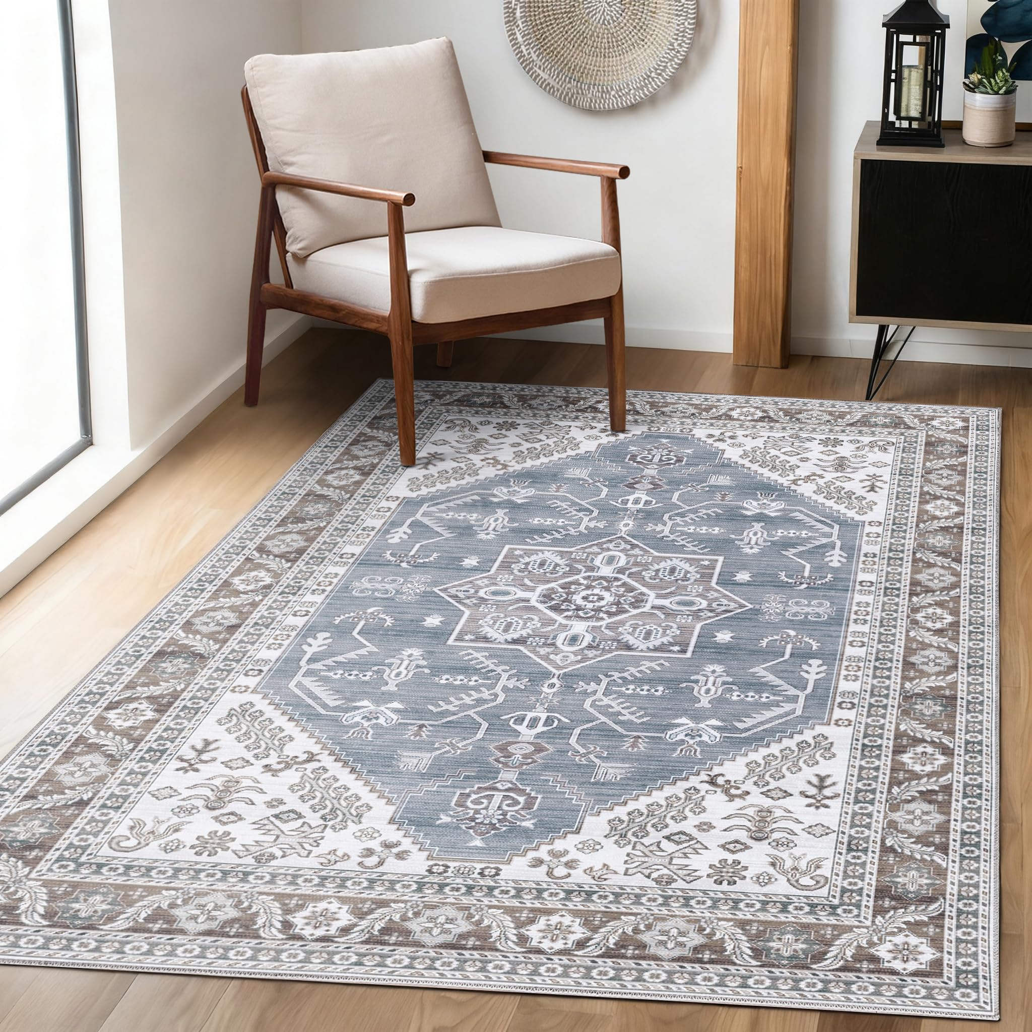Achiiso Low Pile Rug,60x120cm Small Area Rugs for Kitchen,Washable Short Pile Rugs Living Room,Vintage Carpet for Entryway,Dining Room,Lounge,Soft Indoor Bedroom Rug,Light Blue