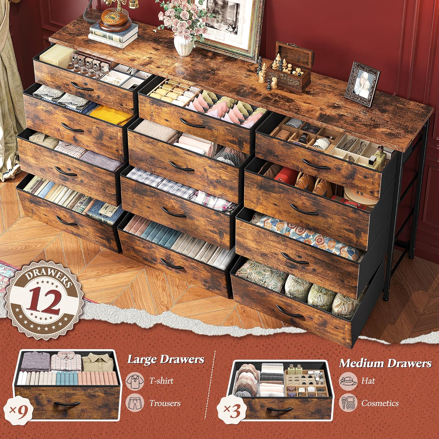 55" Dresser for Bedroom with 12 Fabric Drawers, Entertainment Center for 60 inch TV Dressers & Chests of Drawers Large Organizer, Living Room, Metal Frame, Wood Top, Rustic Brown