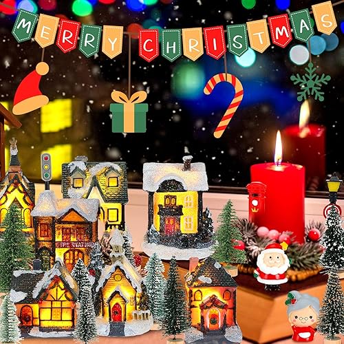 Miniatura 5 de Woanger Juego de 29 piezas de aldea de Navidad, figuras de escena de Navidad, decoración con luces LED, casas de pueblo de Navidad, hechas a mano,