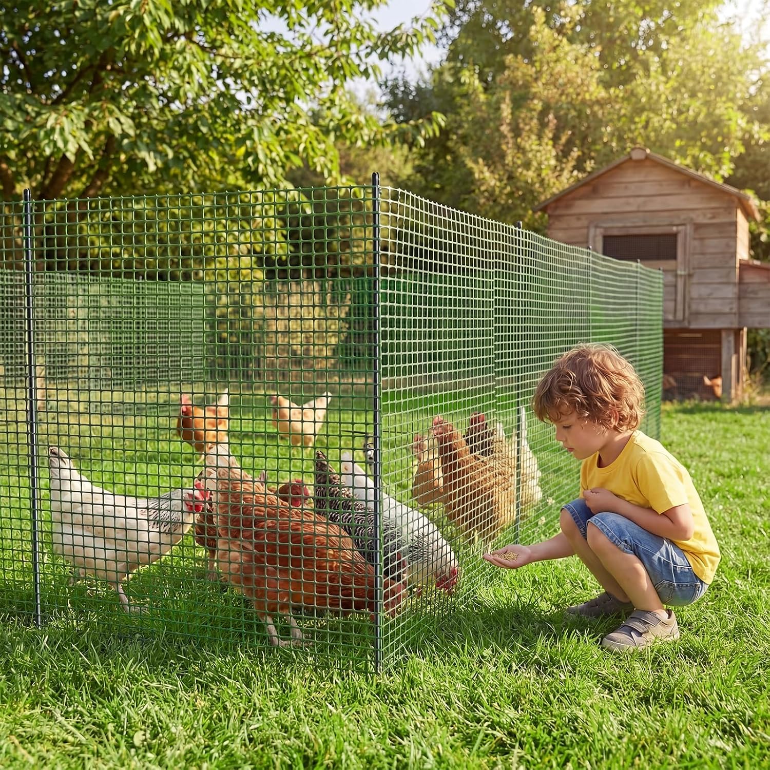 Plastic Chicken Wire Mesh Fence with Metal Stakes, 39.4in x 82ft Quick-Install Chicken Wire Fencing- Plant Protectors from Animals - Weather Resistant Garden Netting - Pet & Poultry Netting