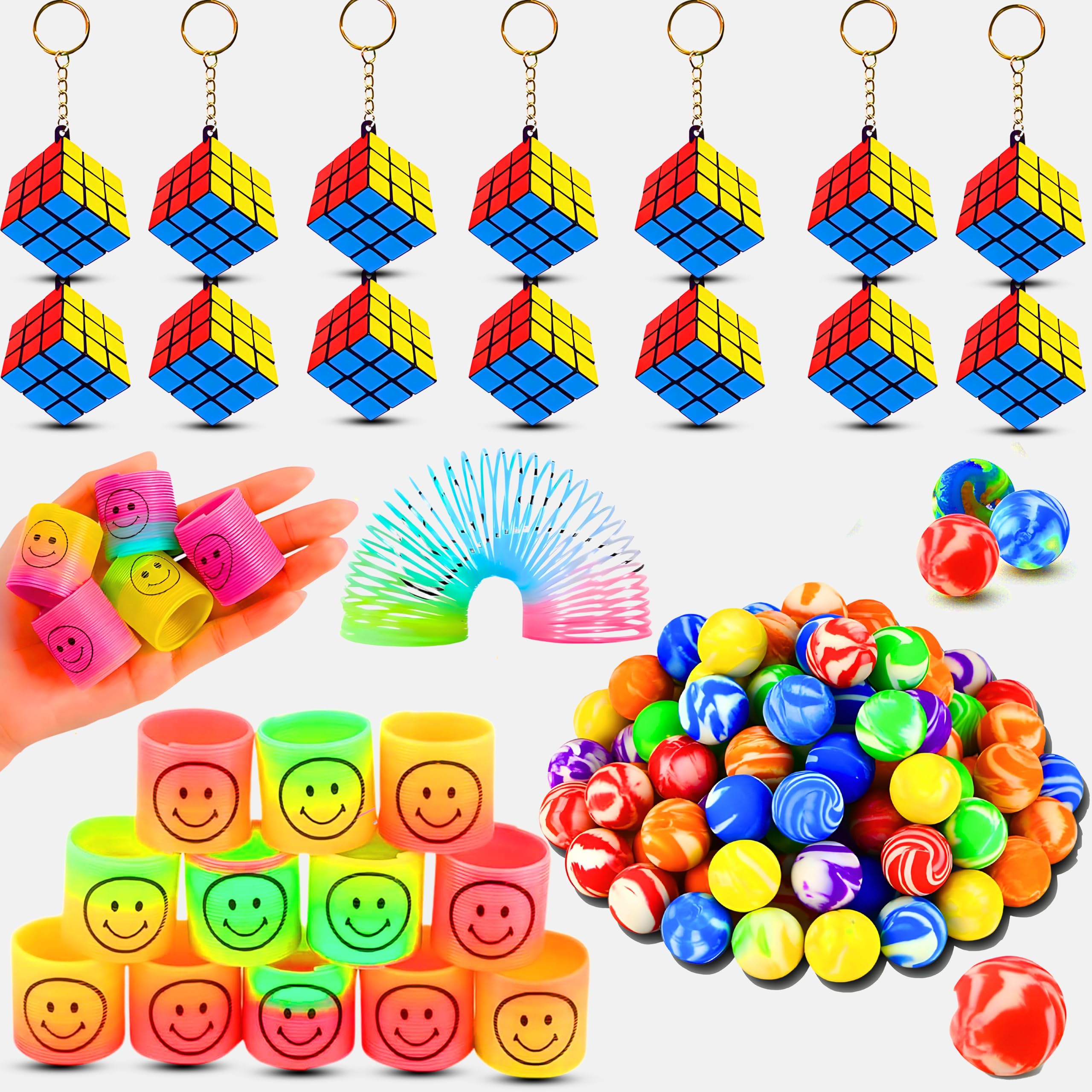 Pack of 54 Party Favors – 30 Pcs Mixed Color Bouncy Balls, 12 Pcs Mini Magic Cube Keychain Puzzles, 12 Pcs Mini Spring Toys – Fun Goodie Bag Fillers for Kids, Birthday Gifts for Ages 4-8