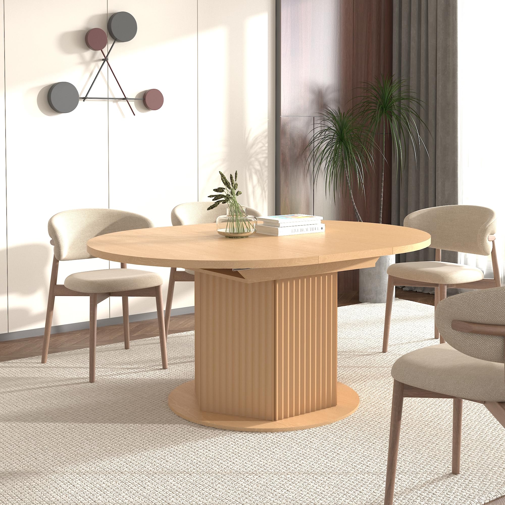 Round Extendable Dining Table, 63" Extendable Dining Room Table for 4-6, Modern Farmhouse Wooden Kitchen Expanding Table Oval Top with Removable Leaf Trestle Bump Texture Base, Light Brown