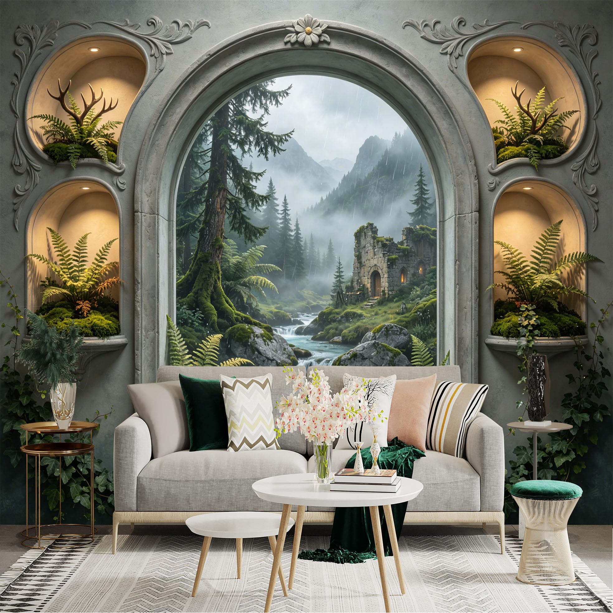 Lnzczhyre Dbh260521412 Custom Size Wall Sticker Mural， Misty Forest Landscape， Ancient Stone Ruins， Flowing River， Ferns And Mossy Rocks， For Wall Decoration， Peelandstick Wall Decals.