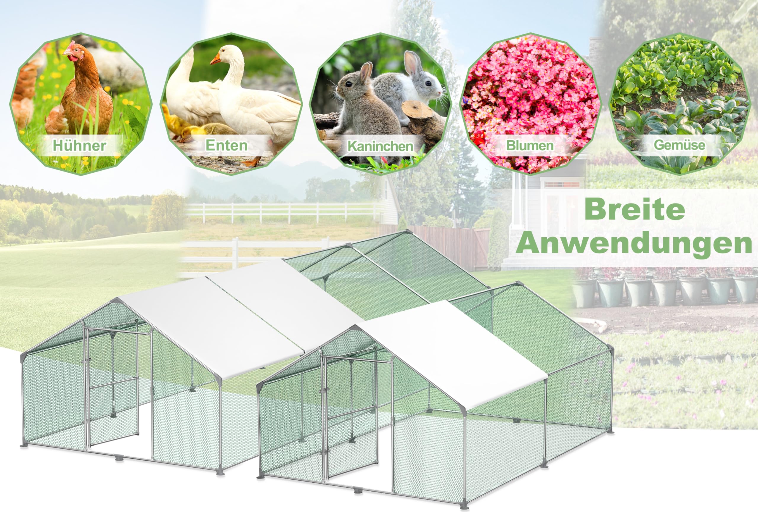 UISEBRT Pollaio per Esterni Piccoli - con Tetto in PE, Gabbia per Polli da Esterno in Acciaio Zincato per Pollame, Pollai, Conigli (3x2x2m)