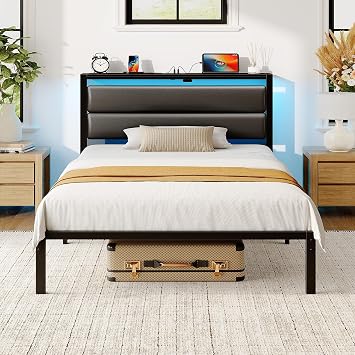 Seventable Twin Bed Frame with Upholstered Storage Headboard, Charging Station & LED Lights, Metal Platform Bed with Under Bed Storage, No Box Spring Needed, Noise Free, Easy Assembly, Black