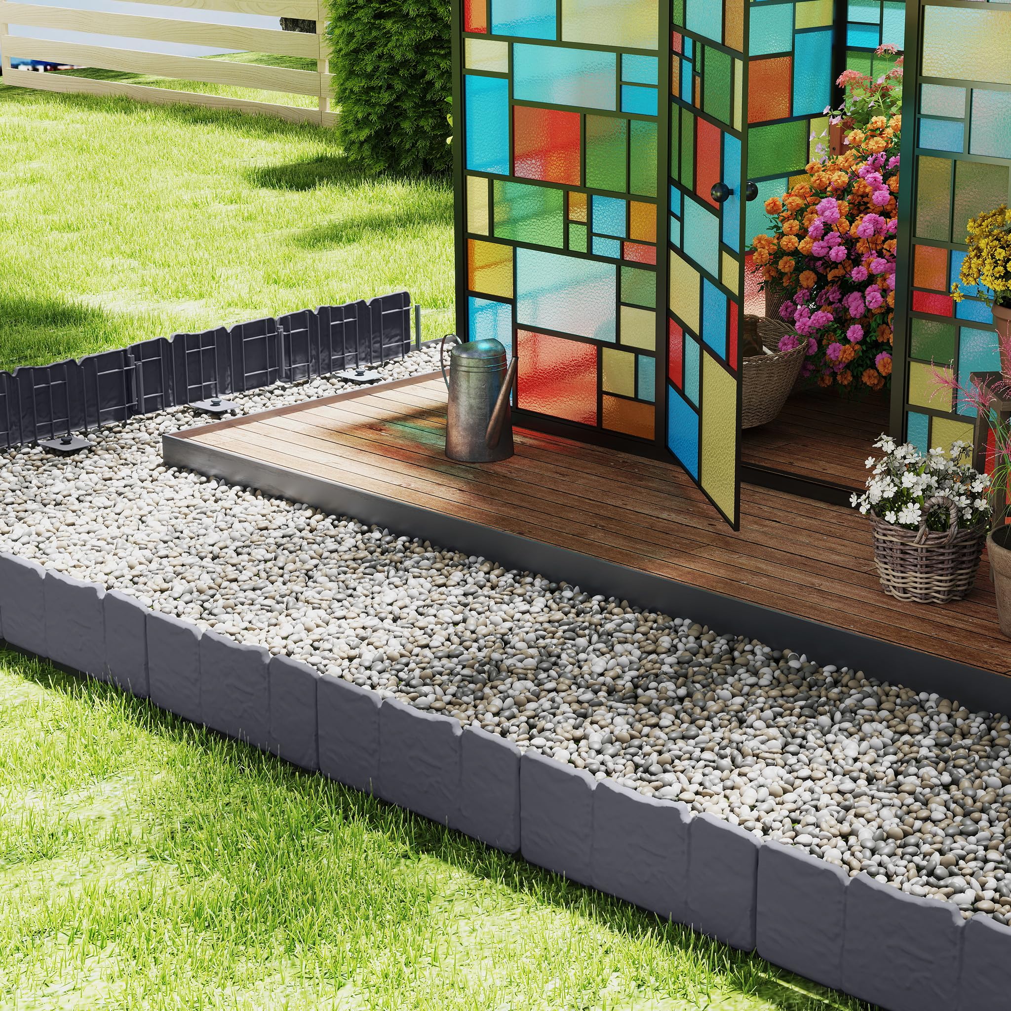 YRhome Bordo per prato, 15 m, in plastica effetto pietra, flessibile e stabile, bordo per aiuole, bordo per falciare, palizzata, facile da applicare, per giardino, recinzione decorativa, antracite