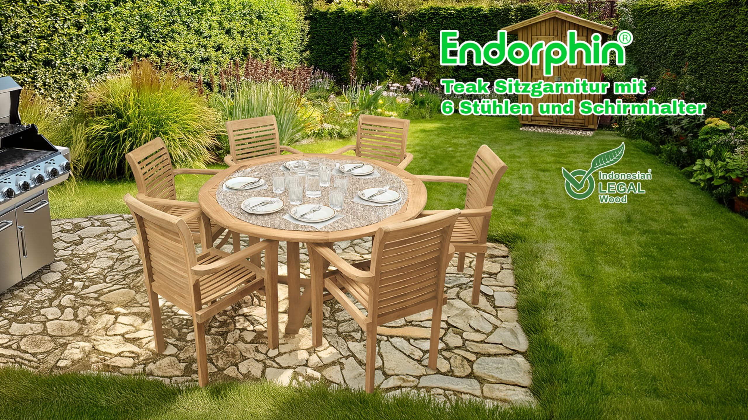 Endorphin Gartenmöbel-Set aus Teakholz, 7-teilig mit 140cm Tisch | 6 stapelbare Stühle, wetterfest, Outdoor Essgruppe, Gartentisch, Terrassenmöbel, Balkon