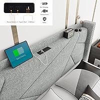 Vista 6 de iPormis Base de cama King con 4 cajones de almacenamiento, base de cama tapizada con puertos tipo C y USB, base de carga con respaldo y cabecera