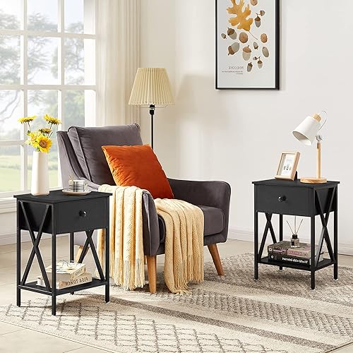 Miniatura 122 de VECELO - Juego de mesita de noche moderna de 2 piezas con cajón para sala de estar, dormitorio, marco de metal industrial, mesa, color marrón