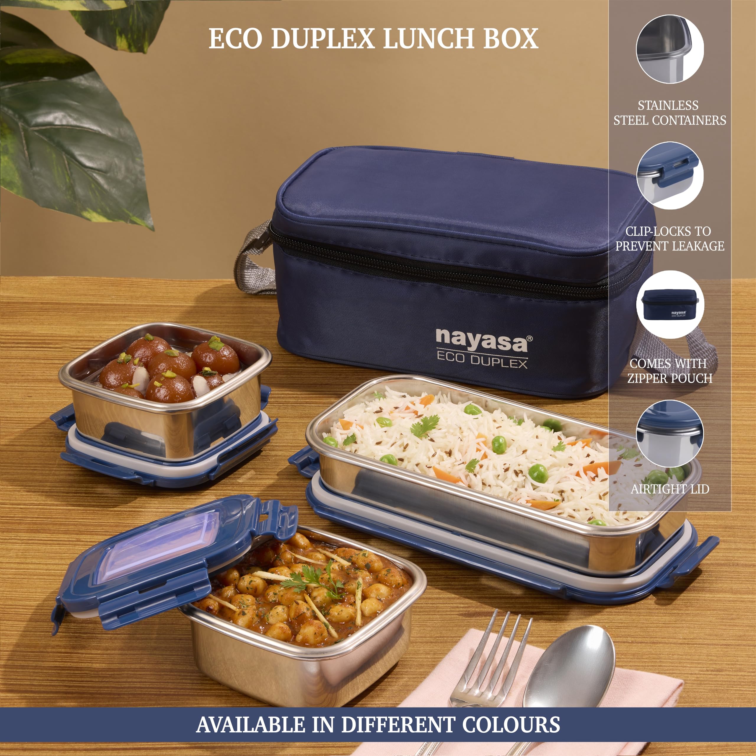 Nayasa Lonchera Eco Duplex de acero inoxidable, azul, 350 ml