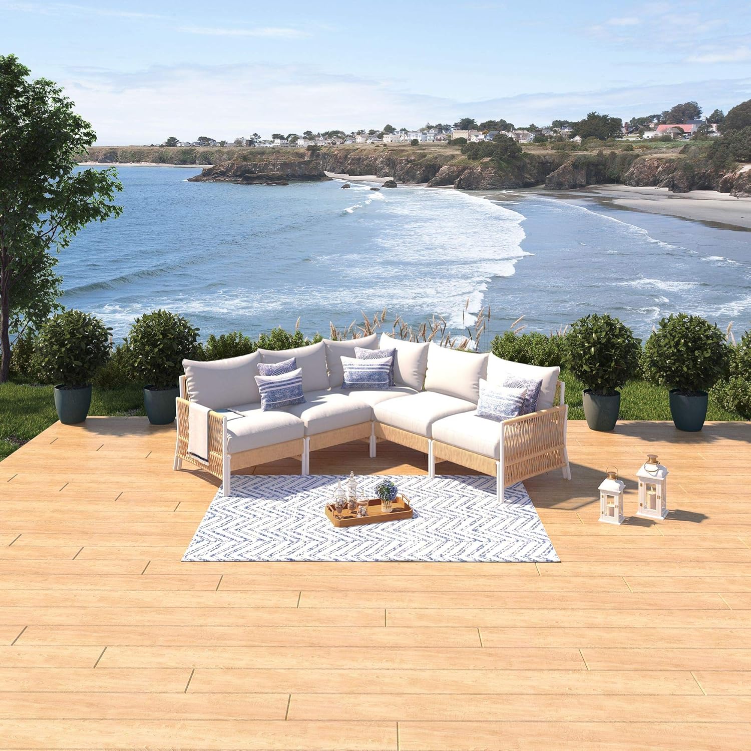 SunHaven Olivia Ivory 5 Piece Outdoor Roped Wicker Sectional Weather Resistant