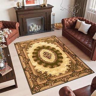 TAPISO Yesemek Teppich Klassisch Kurzflor Wohnzimmer Orientalisch Floral Medaillon Muster Bordüre Grün Beige Creme Barock Design ÖKOTEX 250 x 350 cm