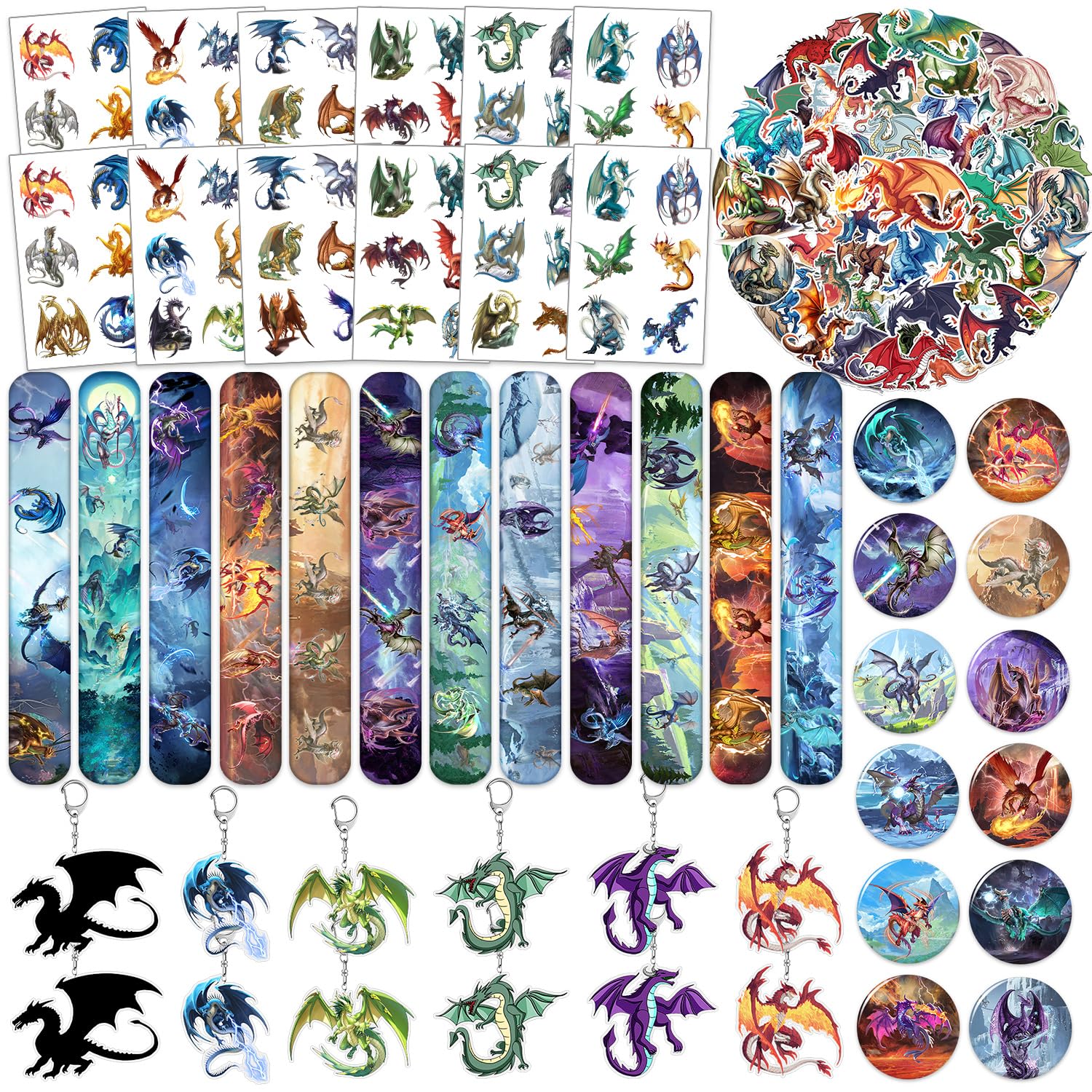 YYMYMGJ 98PCS Dragon Birthday Party Favors Dragon Party Supplies Decorations Dragon Themed Slap Bracelets Stickers Dragon Button Pins Acrylic Dragon