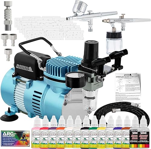 Master Airbrush Sistema de decoración de uñas de dedo de marca. 2 aerógrafos, compresor de aire, juego de plantillas de más de 100 diseños, manguera