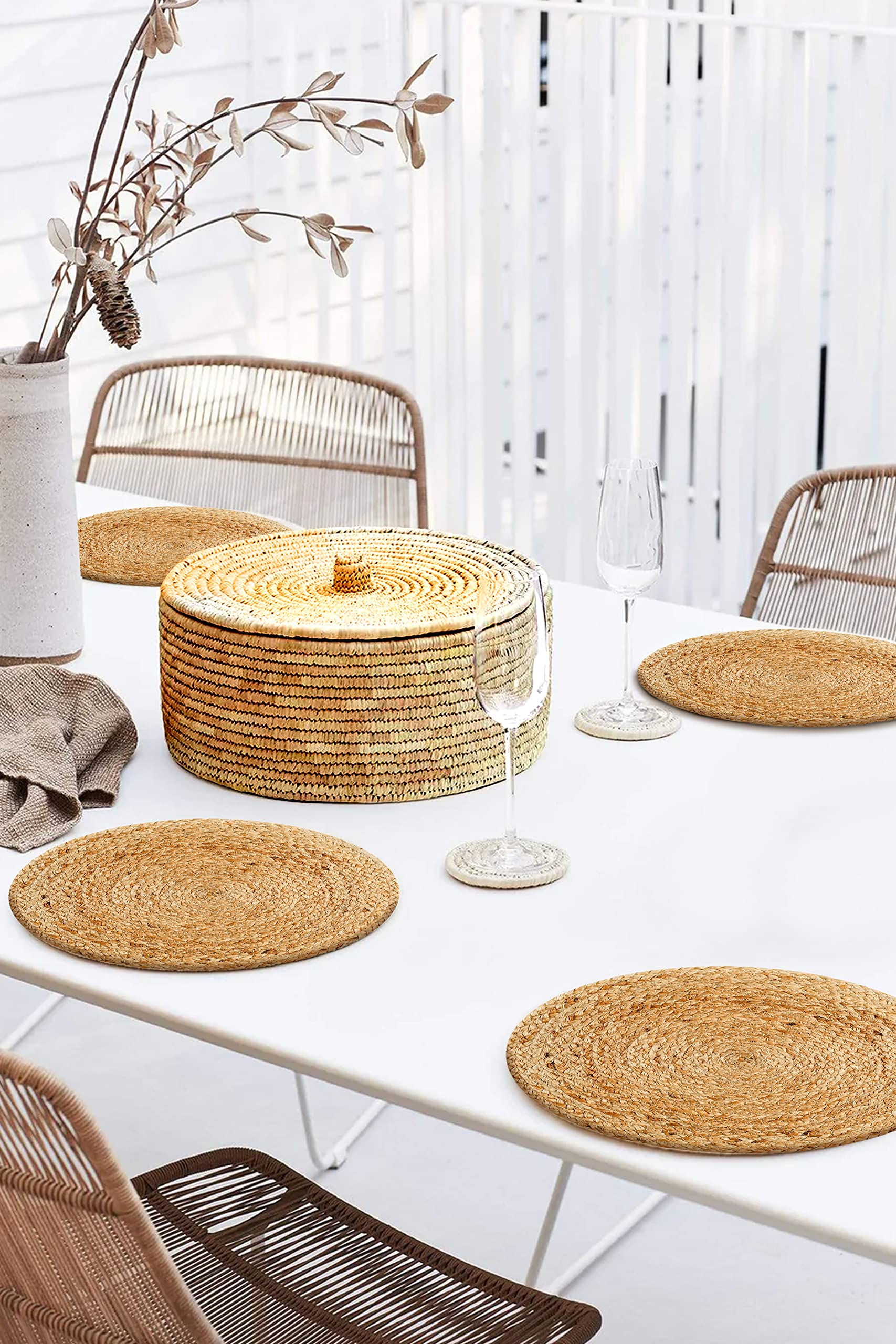 fanquare Papieren placemats, set van 6 beige, boerderij, geweven ronde placemats voor tafel, hittebestendige afwasbare placemats voor feest, keuken, eetkamer, 38 cm