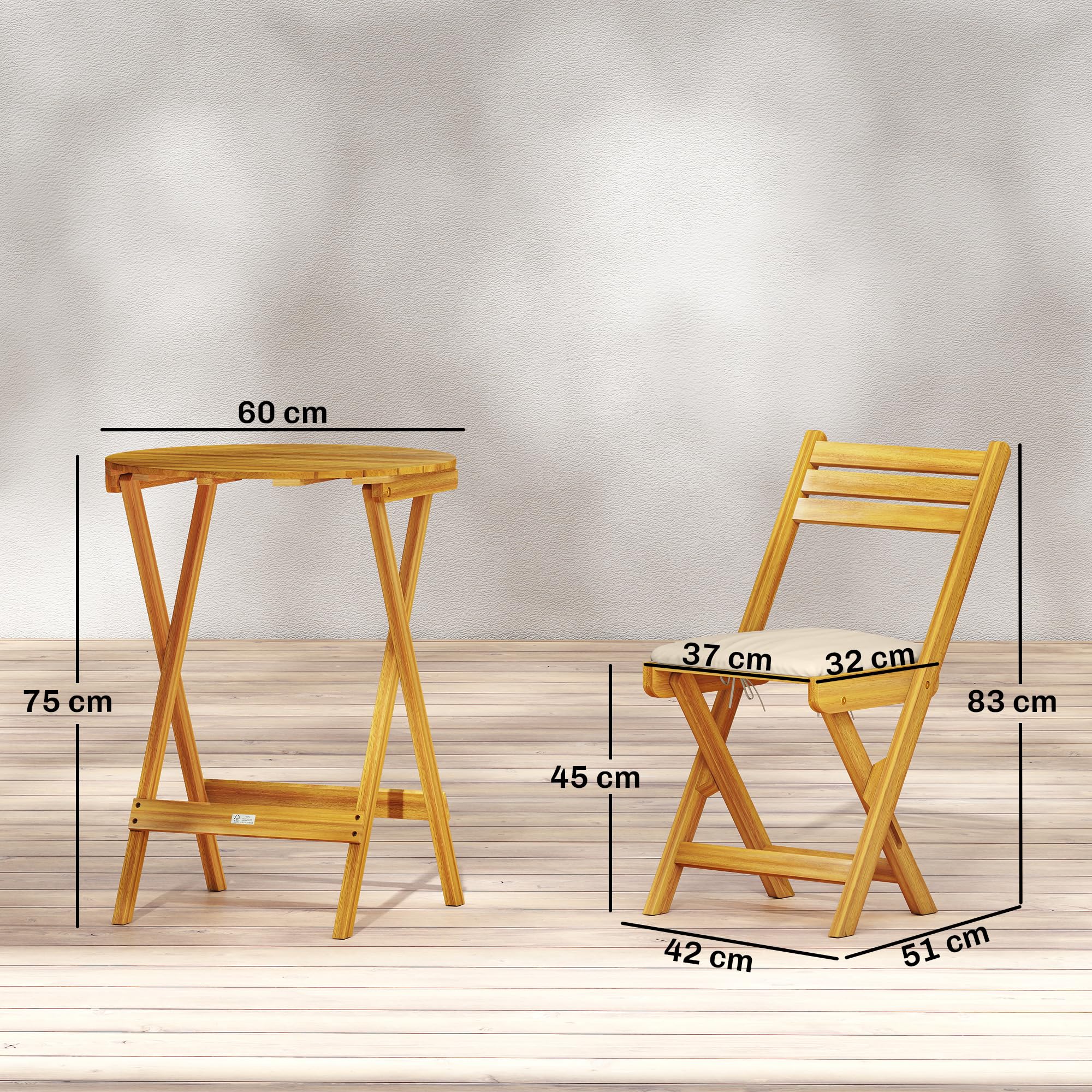 Outsunny Set da Bistrò da 3 Pezzi Pieghevole in Legno di Acacia, Set da Giardino con 2 Sedie, Tavolino, 2 Cuscini, Schienale a Doghe, Set di Mobili da Giardino per Patio Balcone Terrazzo, Color Legno