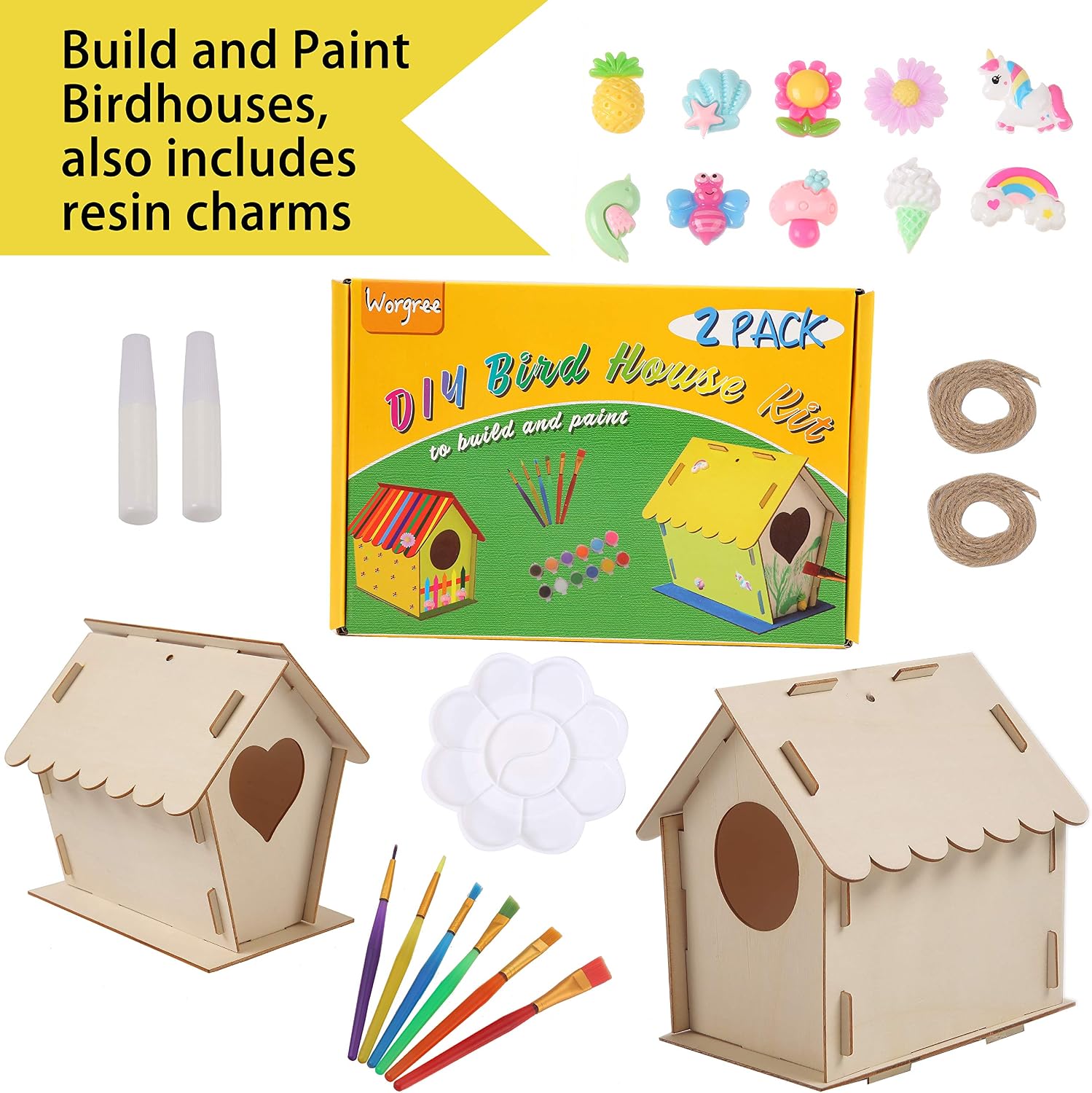 DIY Bird House Kit for Kids-2 Pack Big Size Build and Paint Birdhouse Crafts for Kids Ages 4-8 Wood Project for Girls Boys Toddlers Ages 3-5 8-12 with 12pcs Paints and 6pcs Brushes, Resin Decor