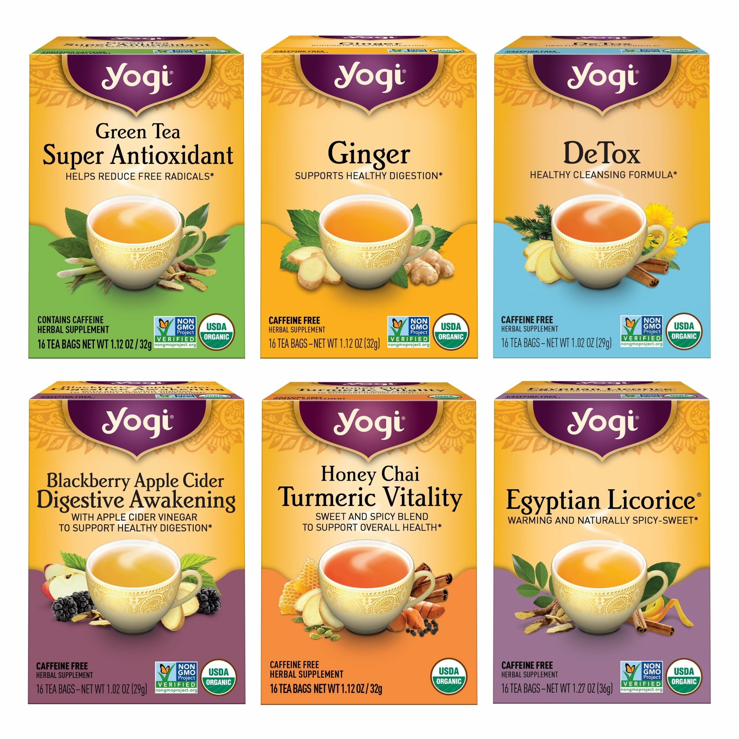 Yogi Digestion & DeTox Sampler Pack (6 Pack) - Wellness Support - Herbal & Green Tea - 96 Tea Bags
