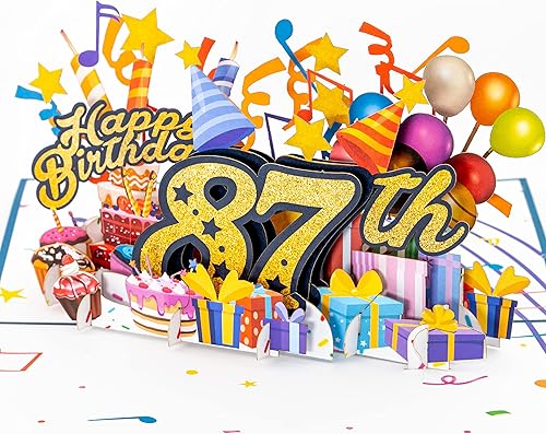 Miniatura 11 de iGifts And Cards Tarjeta desplegable 3D de feliz cumpleaños 88 – Diseño azul con números de purpurina, globos, pasteles y regalos – Tarjeta