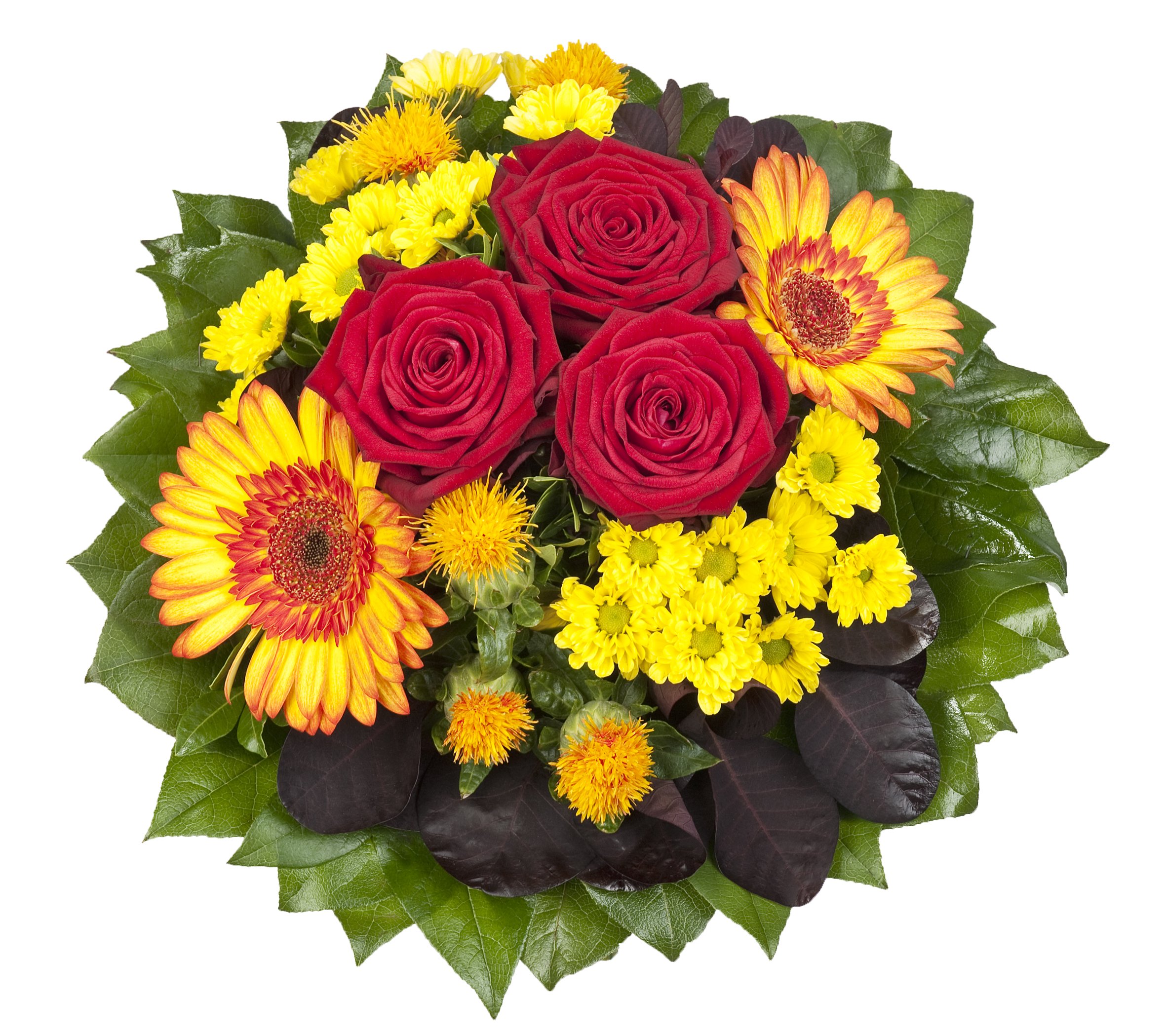 Dominik Blumen und Pflanzen, Blumenstrauß "Blütenmeer" mit roten Rosen, Färberdistel, Chrysanthemen und Gerbera