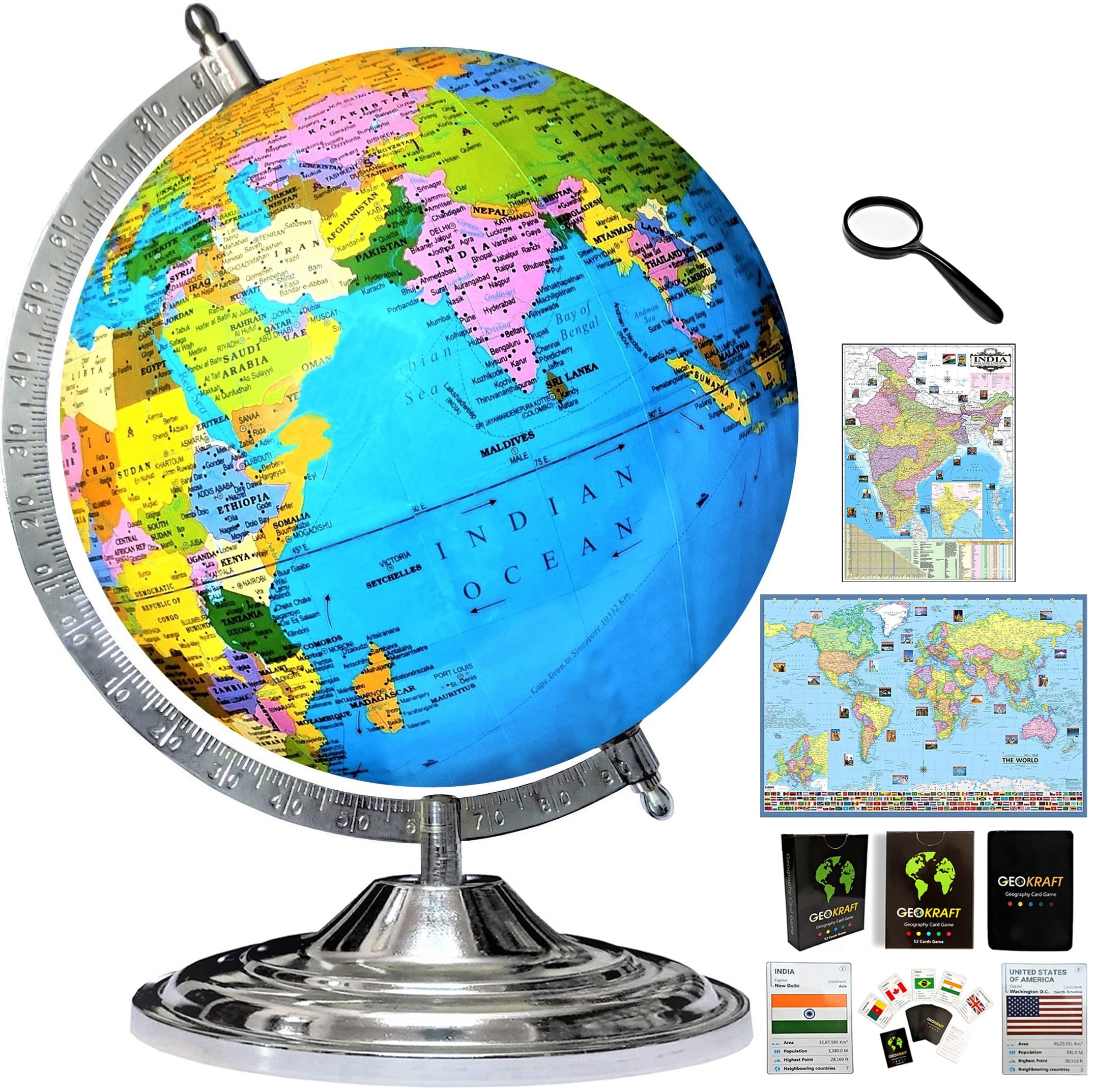 SAVY Globe 12 Inch=30.48 cm with 52 Countries Trump Cards, 75 mm Magnifier, India & World Maps, Steel Chrome Arc and Base, Laminated Multicolor Map, Blue Ocean for Kids School Home Office Table Décor (B0BTTLS3W1) Amazon Price History, Amazon Price Tracker