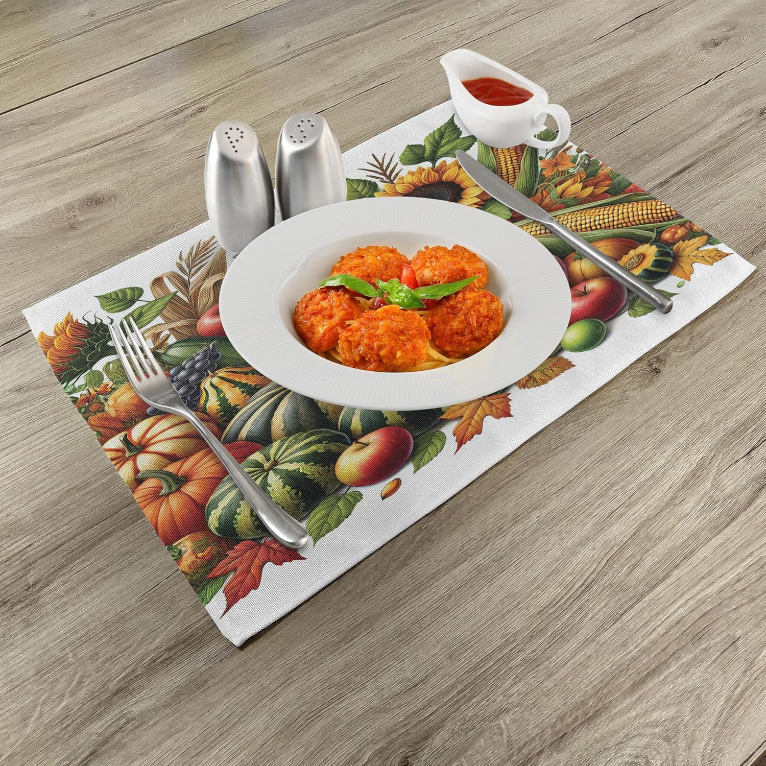 Ambesonne Fall Place Mats Set of 8, Pumpkins Apples and Sunflowers Harvest Time Composition Veggies Fruits, Washable Fabric Placemats for Dining Table, Placemat 8 pcs, Emerald Orange and Green