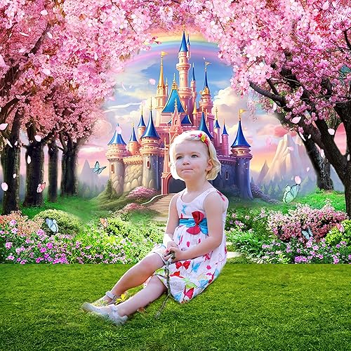 Miniatura 5 de Riyidecor Telón de fondo de castillo de princesa, arco iris, rosa, flores de Sakura, cuento de hadas de fantasía, país de las maravillas, 7 pulgadas