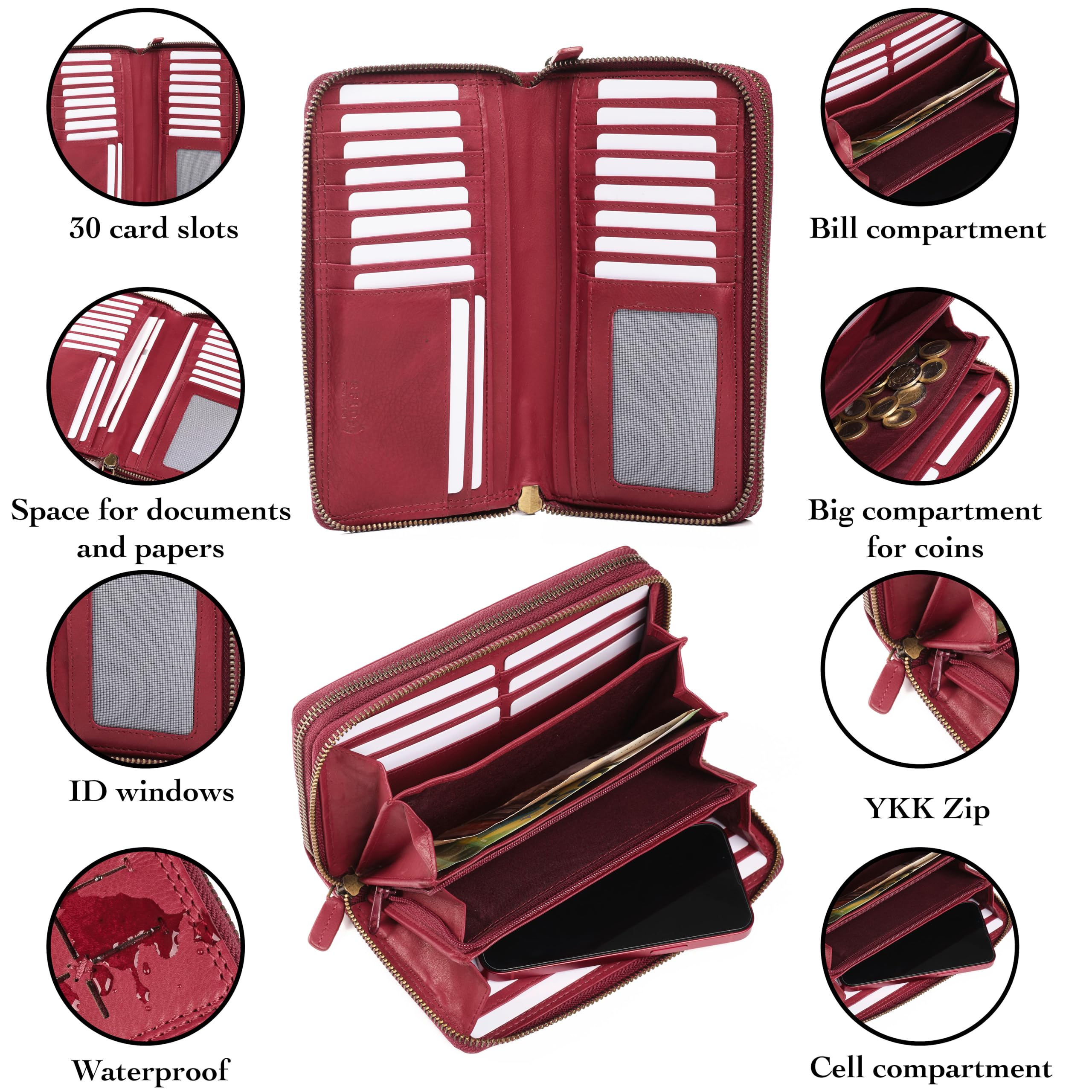 Grand Portefeuille Femme en Cuir – Porte Cartes Grande Capacité avec RFID – Porte Monnaie Élégant Fait Main – Idée Cadeau Originale - Deux Fermetures éclair, Carré - Rouge