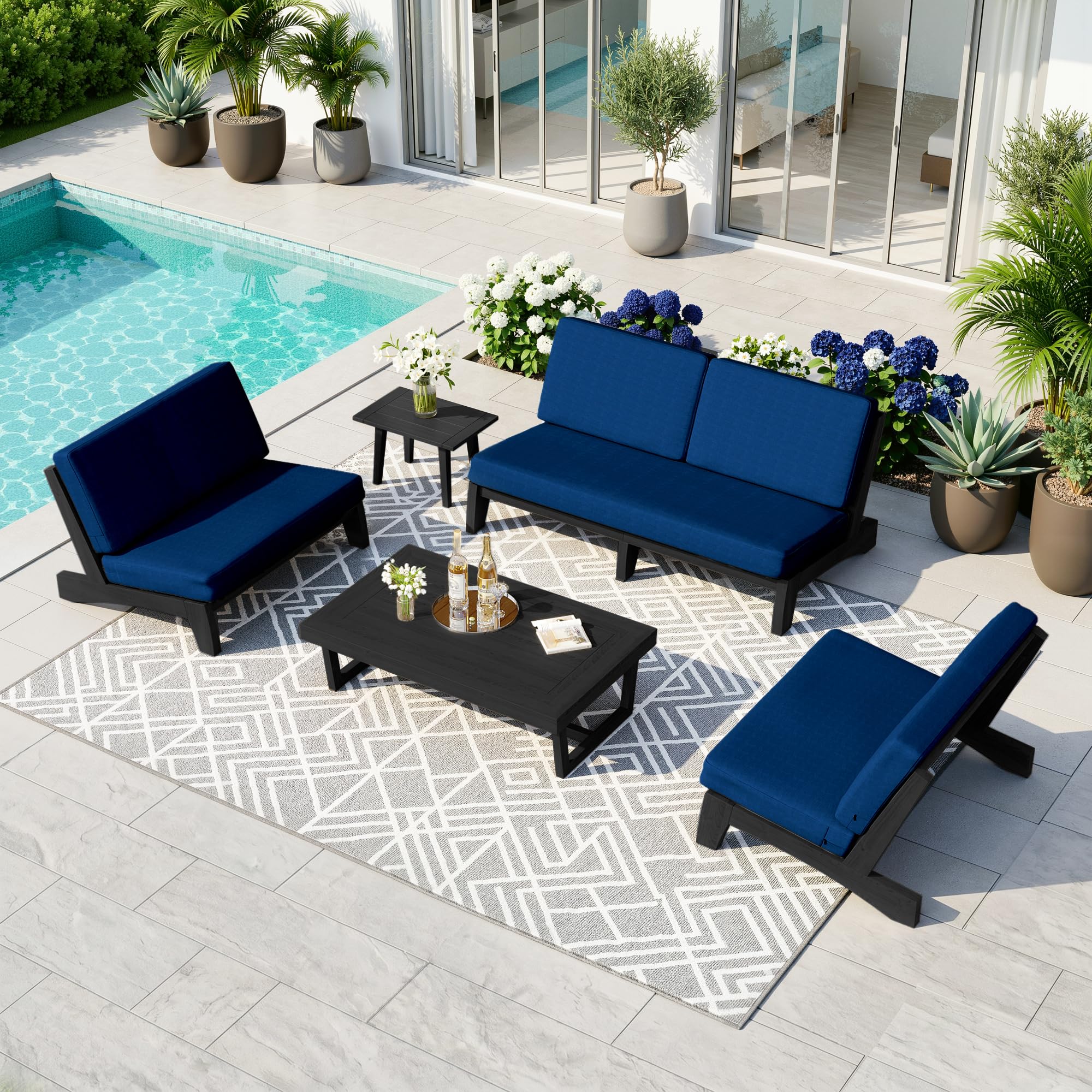 Pia Ricoo 5-Piece Patio Furniture Set, Outdoor Sofa with 2 Loveseat, 2 Chairs &amp; Coffee Table, All-Weather Conversation Set for Backyard/Deck/Lawn - Navy/Dark