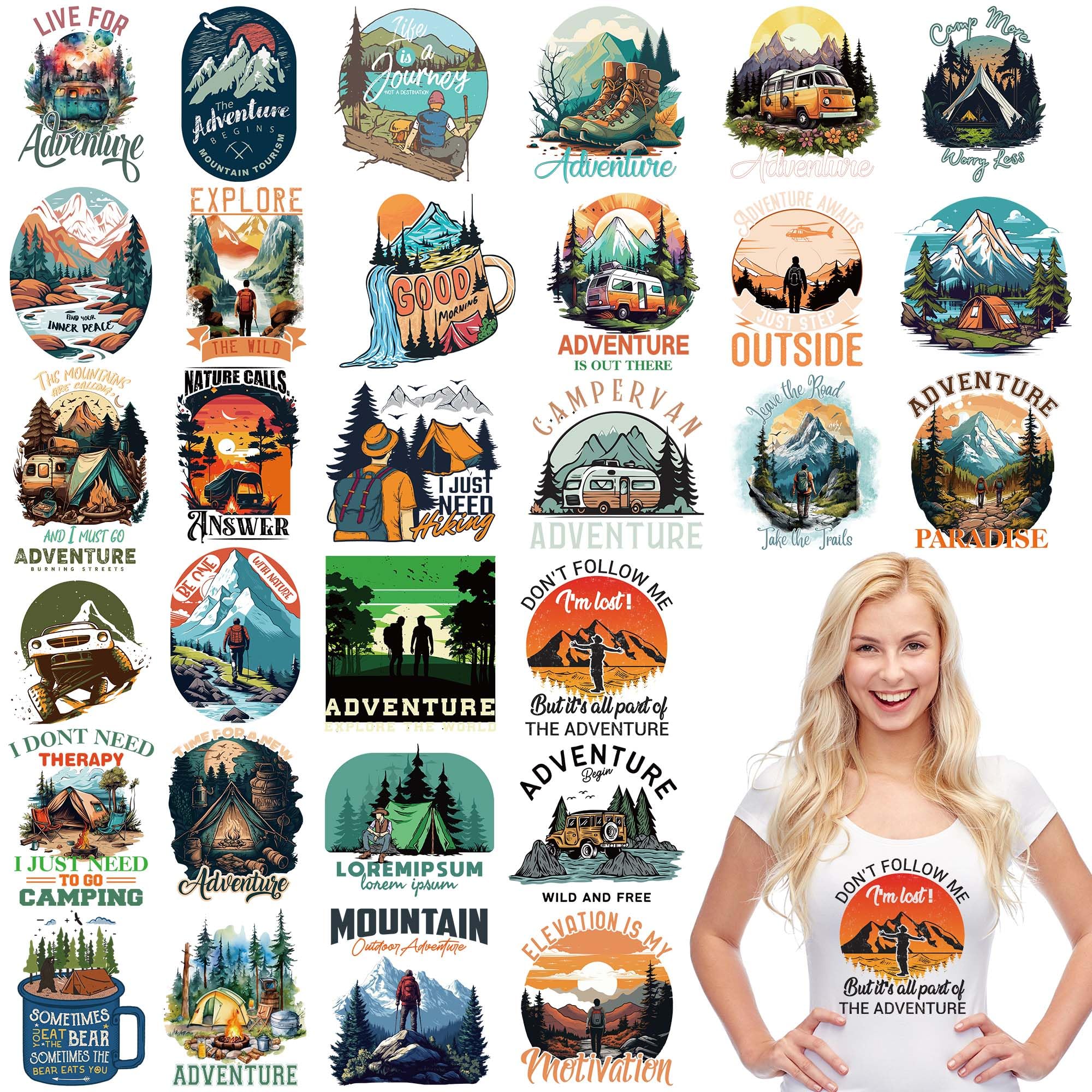 Camping Iron on Transfers for T-Shirts, 30 Pcs Adventure Camping DTF Transfers Ready to Press, Outdoor Iron on Patch Decals, Heat Vinyl for Canvas Bag Clothing DIY Craft