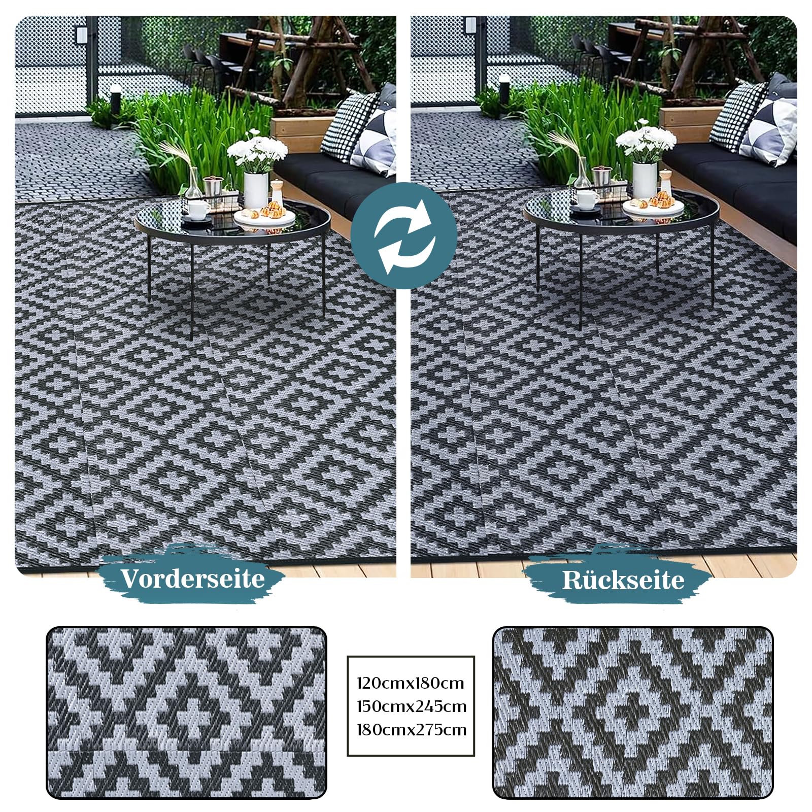 Alishomtll Tappeto per esterni, 180 x 275 cm, resistente alle intemperie, in polipropilene, impermeabile, per terrazze, giardino, balcone, reversibile, resistente ai raggi UV, per barbecue, picnic
