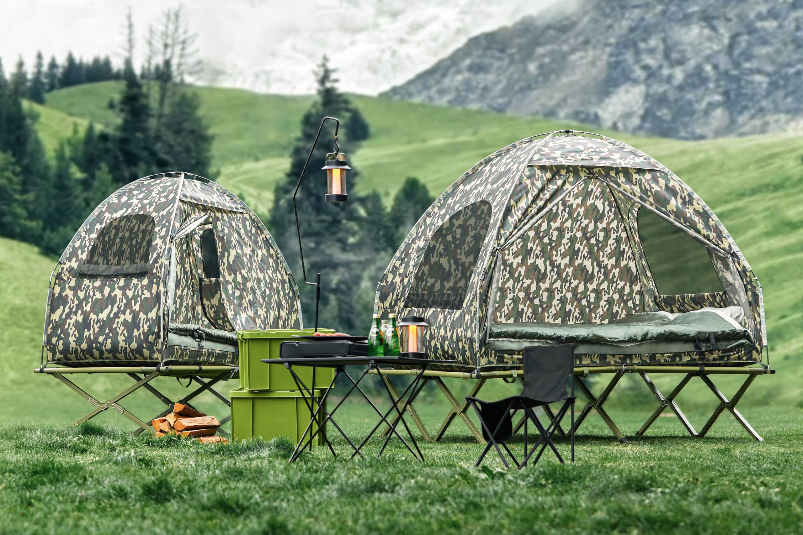 SoBuy Feldbett mit Zelt Schlafsack Wurfzelt Matratze und Zubehör Zelt 2 Person 2 Mann Zelt Feldbett 4in1-Zelt mit Campingliege Tarnfarbe BHT ca. 193x188x145cm OGS32-L-TN
