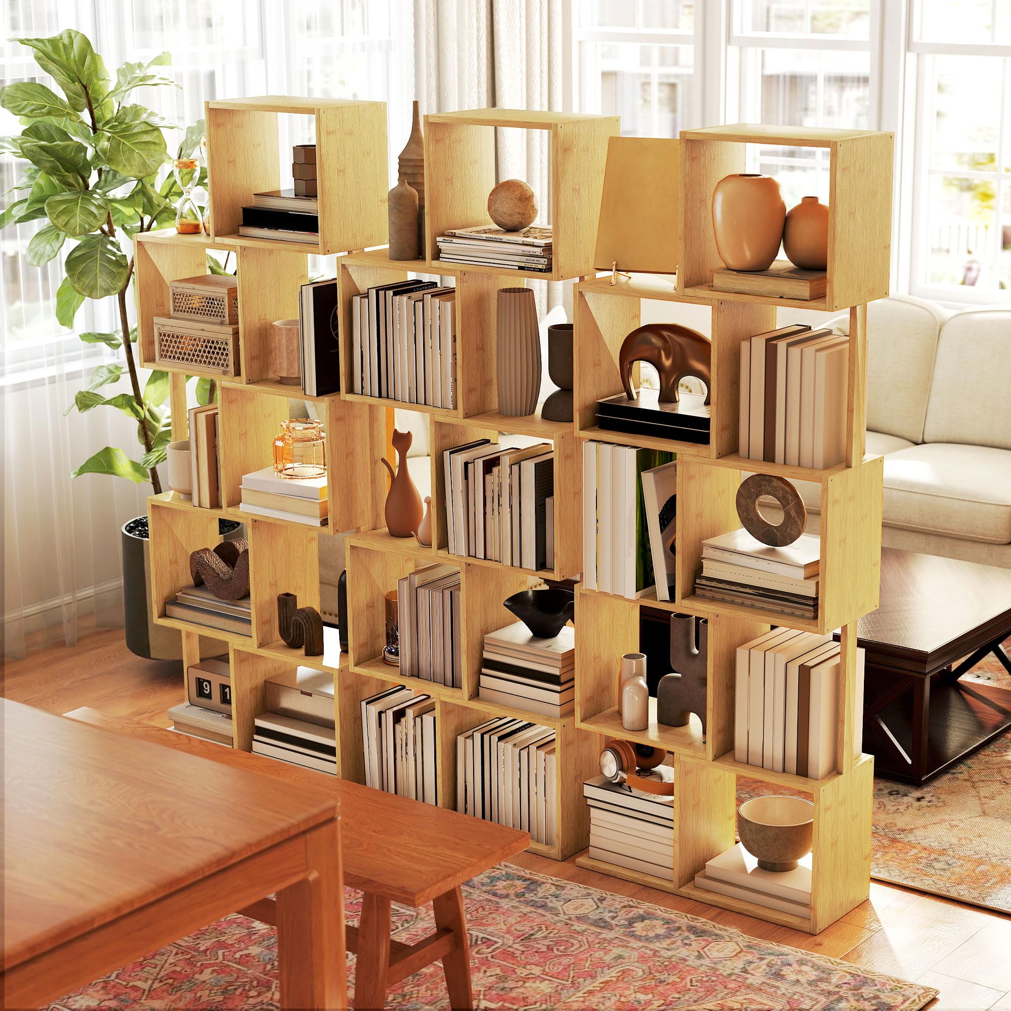 HOMCOM Libreria Scaffale a 5 Ripiani Suddivisi in Bambù a Forma di S, Libreria Verticale Salvaspazio Slim, Scaffale Portaoggetti per Soggiorno, Camera da Letto e Ufficio, 62.5x23x165 cm, Color Legno