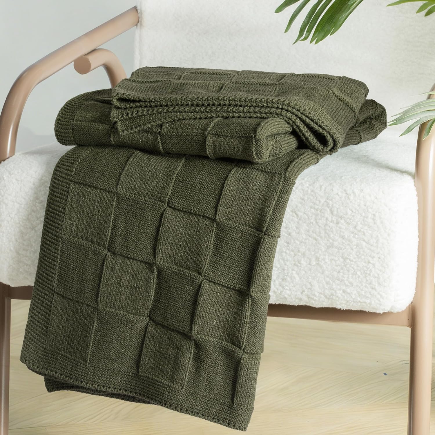 Whale Flotilla Knit Checkered Throw Blanket for Couch, Soft Fuzzy Decorative Knitted Blankets for Sofa Bed, Lightweight Cozy Warm Throws for Spring Summer, 60x80 Inch, Olive